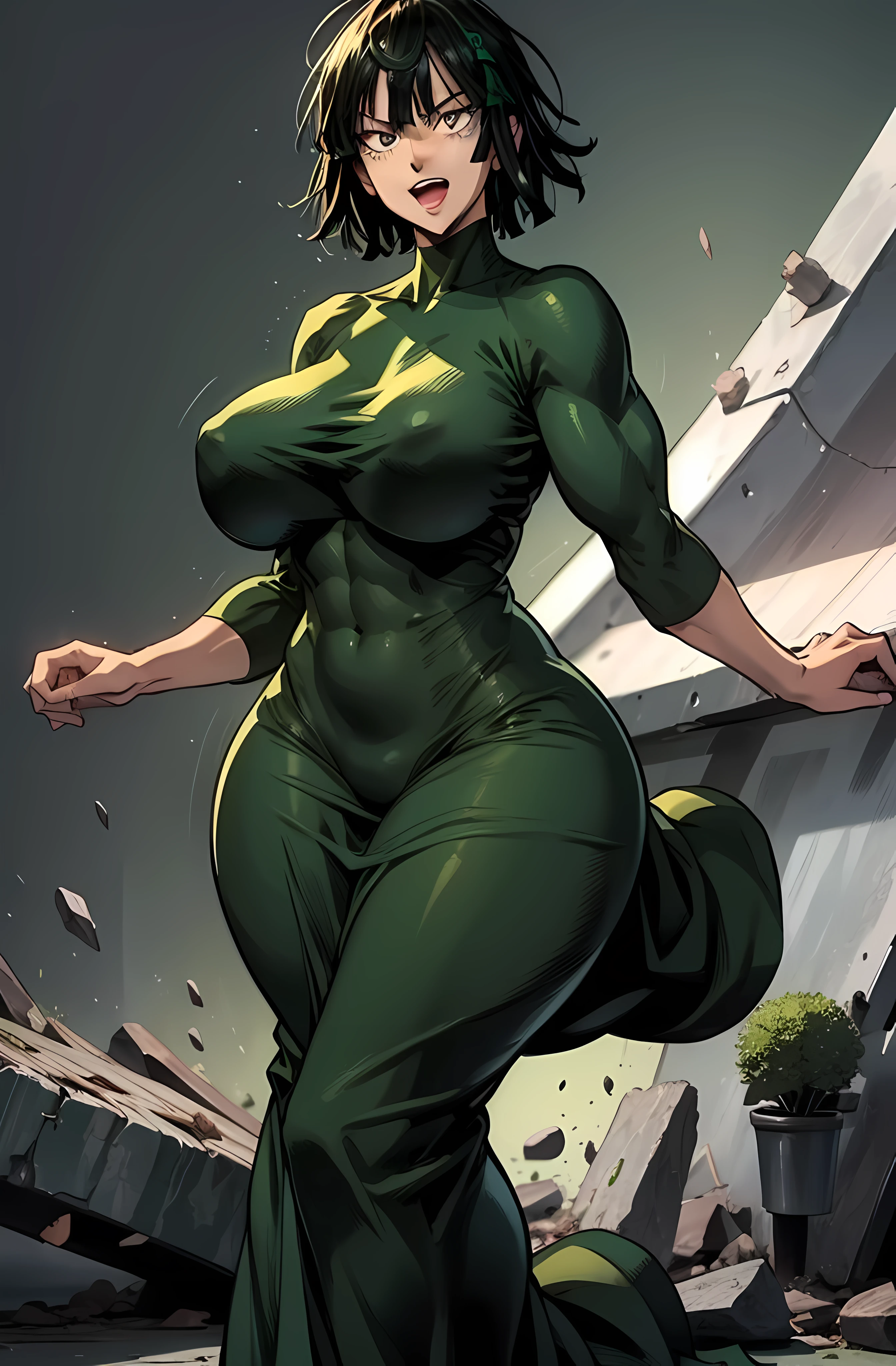 (master piece), high resolution, yusuke murata style,one punch man, fubuki from one punch man, wearing a black green dress, joyful expression, dynamic pose, big breast, big hips, full body view, big body, thick, (Curvy:1.35), ((Master piece)), best quality, perfect bodies,beautiful detailed eyes, extremely detailed face, perfect lighting, ((((huge muscles)))).