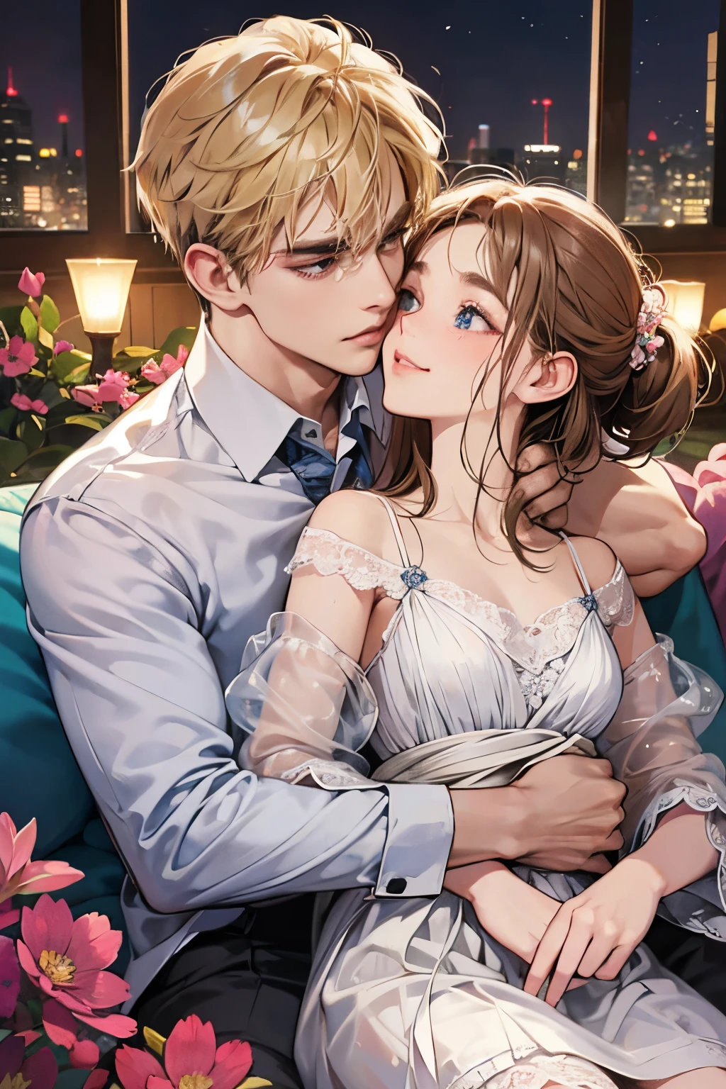 Anime couple sitting on a couch in a room with a city view - SeaArt AI