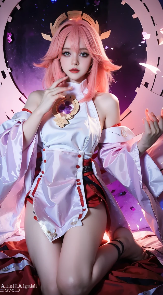 Yaw miko,pink hair,pink fox ear down,cosplayer,nude,fully ?????,sexy and seductive pose,small breast, background of a beach,full body