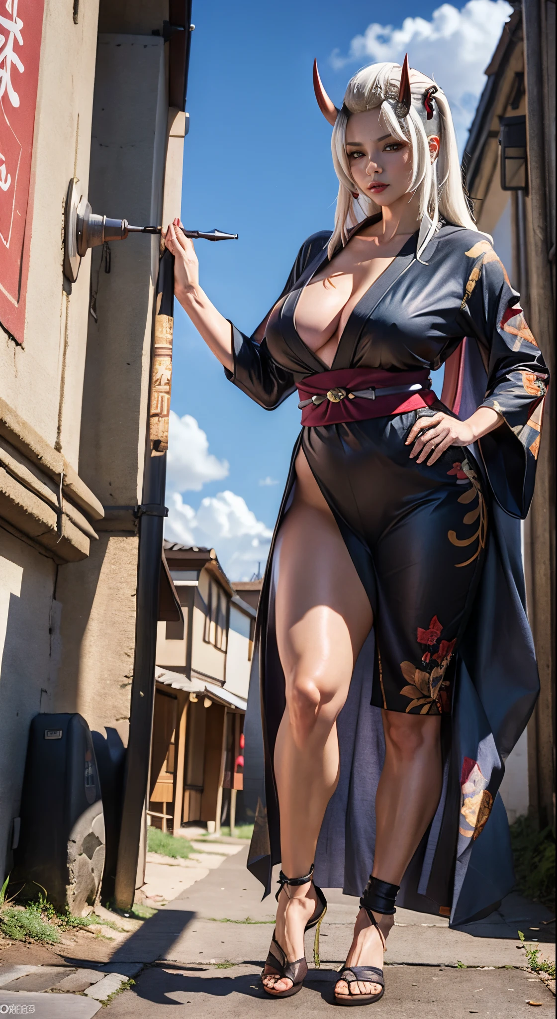 Masterpiece, Hyperrealistic, HD, highlydetailed fullbodyshot of a beautiful oni female with white hair, oni_horn, reddish skin, perfect body shape curvy, thick and muscular, perfect face features with seductive look, wearing short kimono showing clivage and thick thights