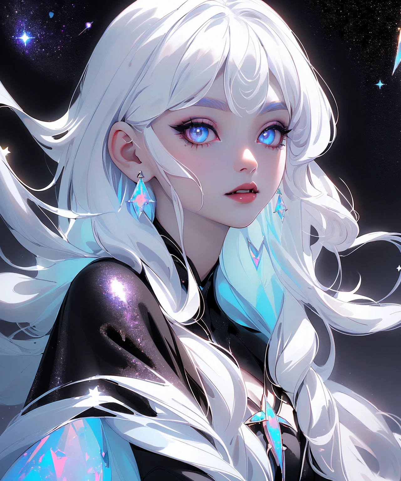 masterpiece, highest quality, (perfect face:1.1, (high detail)1.1, sweet Alien vampire , long soft white hair, opal eyes, perfectly drawn face, black dress, stars detailed background, prismatic lighting, glitter