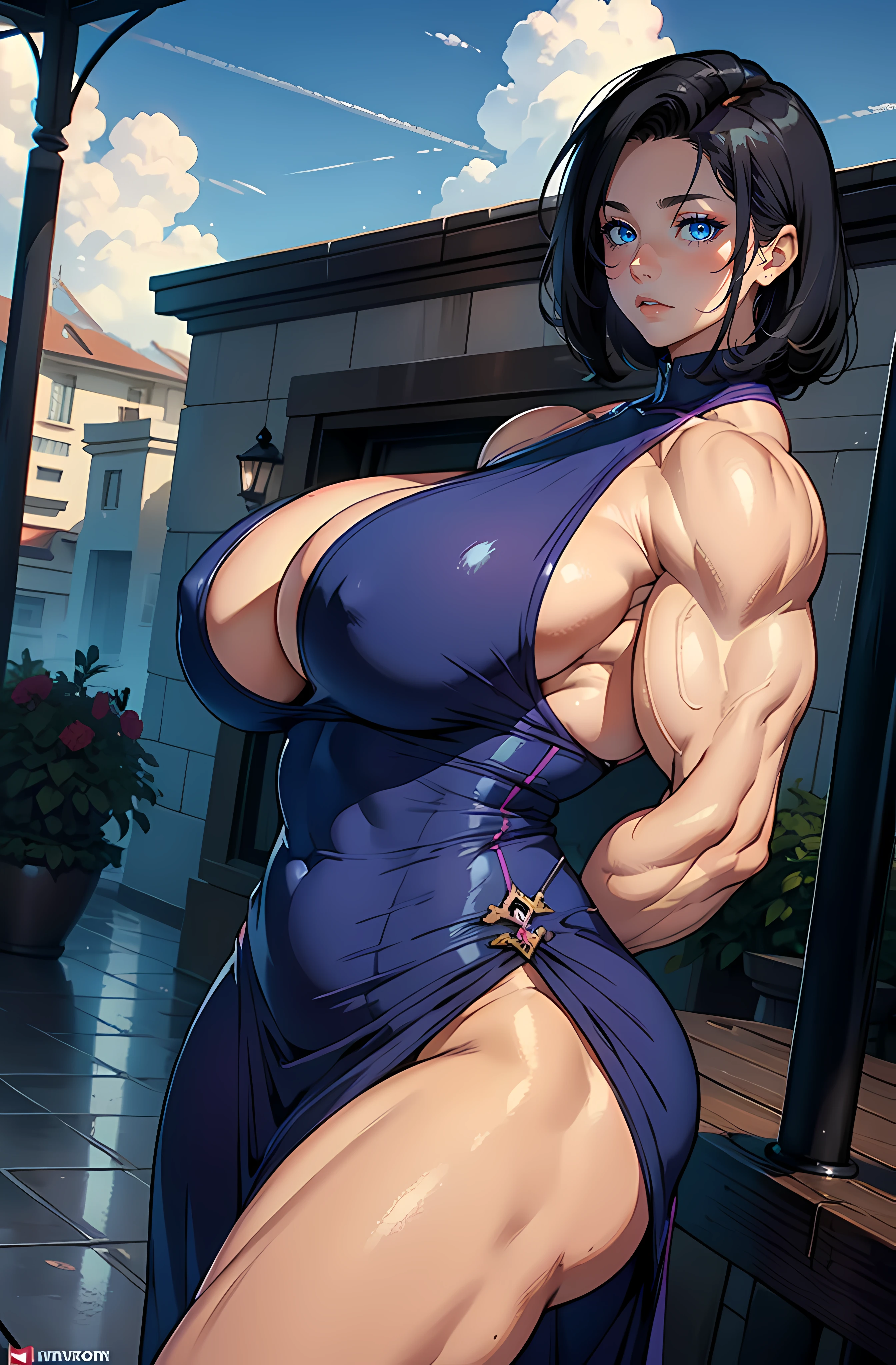 Best quality, mature woman, ((massive breasts)), massive ass, ((very curvy)), very short, black hair, sky blue eyes, slutty lavender dress, full lips, seductive, smiling, ((((huge muscles))))