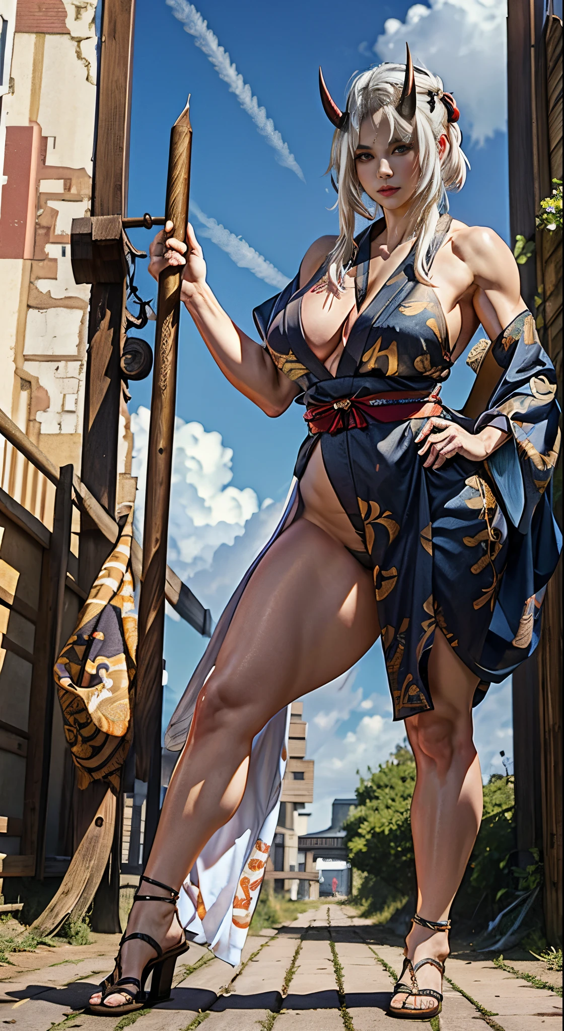Masterpiece, Hyperrealistic, HD, highlydetailed fullbodyshot of a beautiful oni female with white hair, oni_horn, reddish skin, perfect body shape curvy, thick and muscular, perfect face features with seductive look, wearing short kimono showing clivage and thick thights