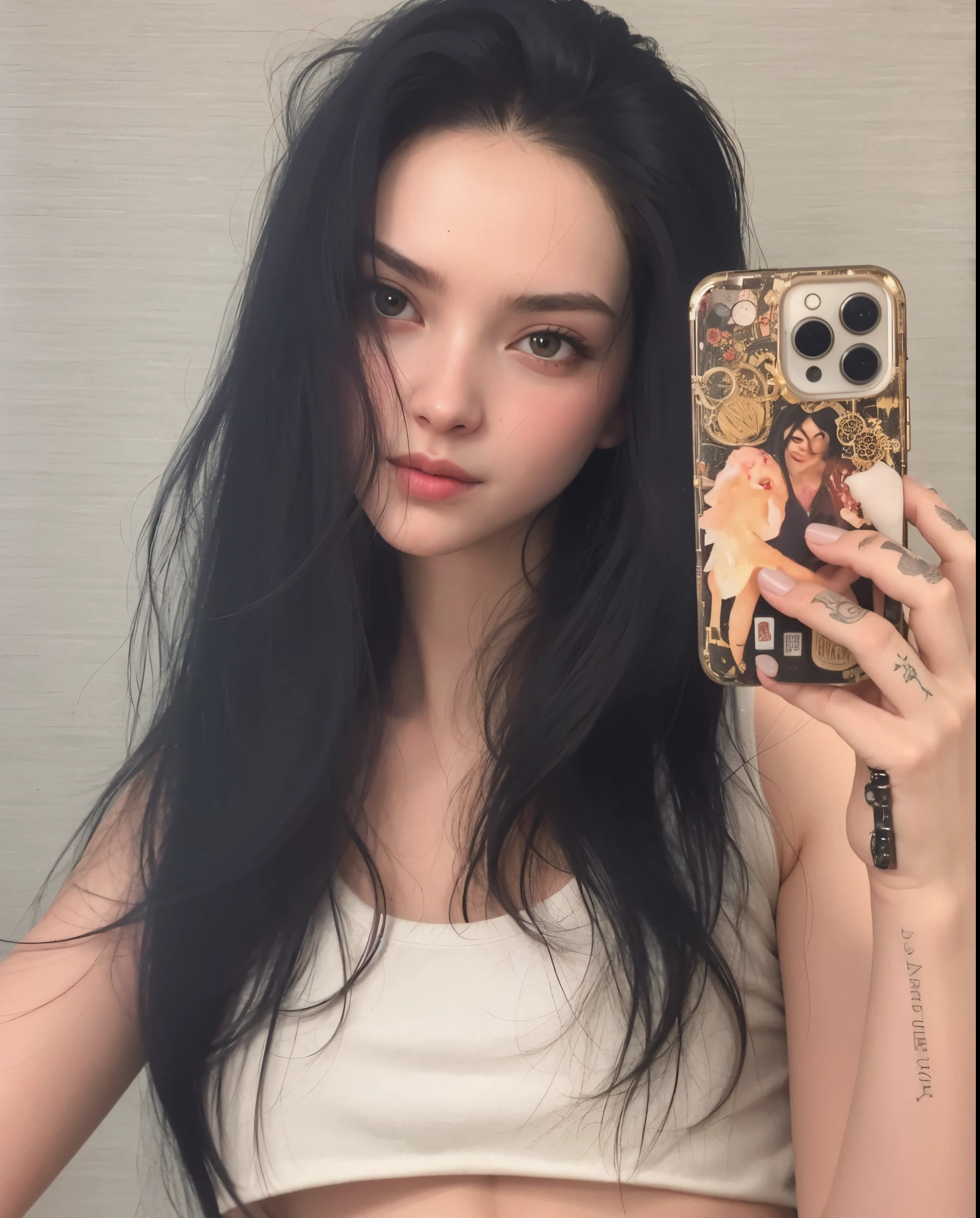 Arafed woman with long black hair holding a cell phone., iPhone selfie, anya taylor joy, with pale skin, holding a 🛡 and an 🪓, foto de perfil, she is holding a smartphone, Modelo de Instagram, con cabello negro, Retrato Anya Taylor-Joy, Su cabello negro es un largo y rizado, por Emma Andijewska