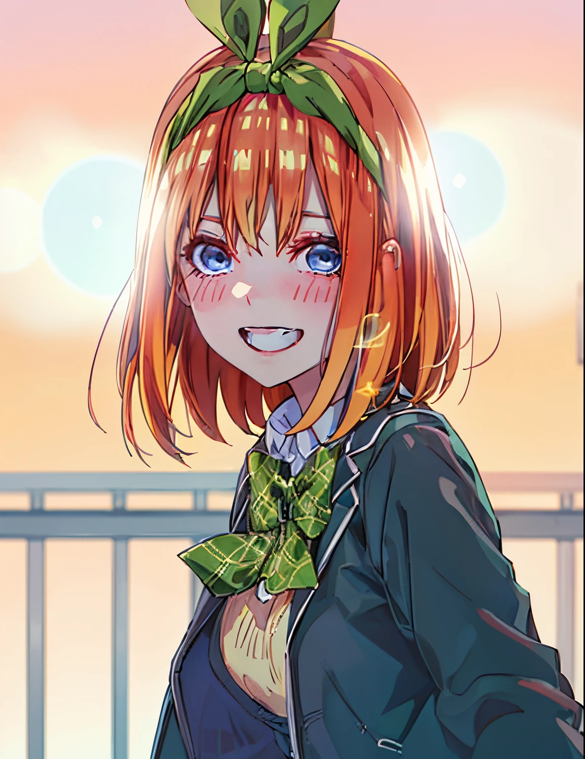 (masutepiece), A sexy、Natural light, Photorealistic, Cameltoe, diffuse glow, depth of fields, big eye、profetional lighting、headband is green、Blue eyes、A smile、Hair is orange、hairstyle is short bob、Black Blazer、White shirt、yellow vest sweater、Sunset background、Both hands are in the shape of a heart、