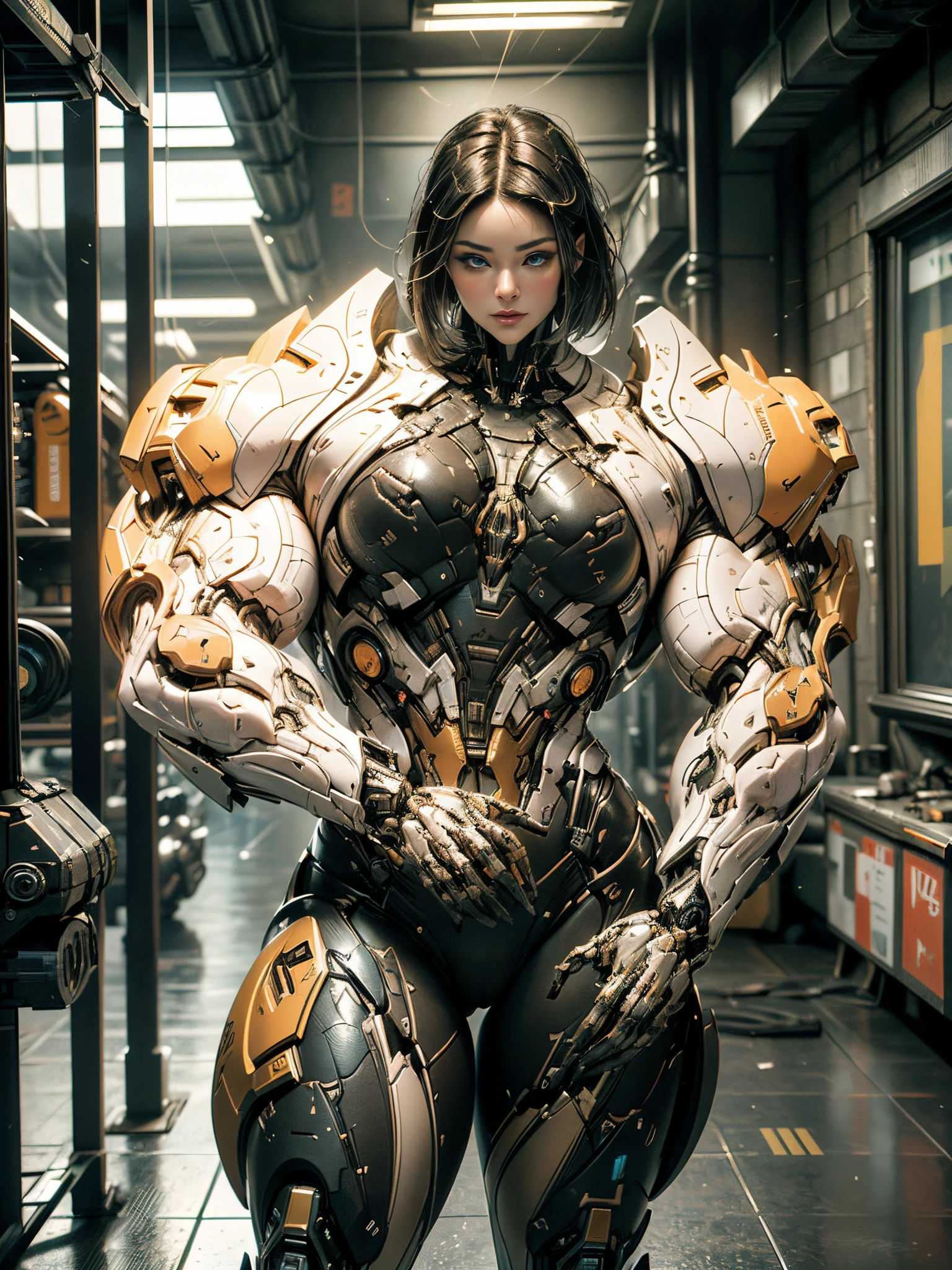 Cinematic, hyper-detailed, and insanely detailed, this artwork captures the essence of the girl with breathtaking beauty. The color grading is beautifully done, enhancing the overall cinematic feel. Unreal Engine brings her anatomic cybernetic muscle suit to life, appearing even more mesmerizing. With the use of depth of field (DOF), every detail is focused and accentuated, drawing attention to her eyes and the intricate design of the anatomic cybernetic muscle suit . The image resolution is at its peak, utilizing super-resolution technology to ensure every pixel is perfect. Cinematic lighting enhances her aura, while anti-aliasing techniques like FXAA and TXAA keep the edges smooth and clean. Adding realism to the anatomic cybernetic muscle suit, RTX technology enables ray tracing. Additionally, SSAO (Screen Space Ambient Occlusion) gives depth and realism to the scene, the girl's anatomic cybernetic muscle suit become even more convincing. In the post-processing and post-production stages, tone mapping enhances the colors, creating a captivating visual experience. The integration of CGI (Computer-Generated Imagery) and VFX (Visual Effect brings out the anatomic cybernetic muscle suit's intricate features in a seamless manner. SFX (Sound Effects) complement the visual artistry, immersing the viewer further into this fantastic world. The level of detail is awe-inspiring, with intricate elements meticulously crafted, the artwork hyper maximalist and hyper-realistic. Volumetric effects add depth and dimension, and the photorealism is unparalleled. The image is rendered in 8K resolution, ensuring super-detailed visuals. The volumetric lightning adds a touch of magic, highlighting her beauty and the aura of her anatomic cybernetic muscle suit in an otherworldly way. High Dynamic Range (HDR) technology makes the colors pop, adding richness to the overall composition. Ultimately, this artwork presents an unreal portrayal of a super muscled cybernetic female android