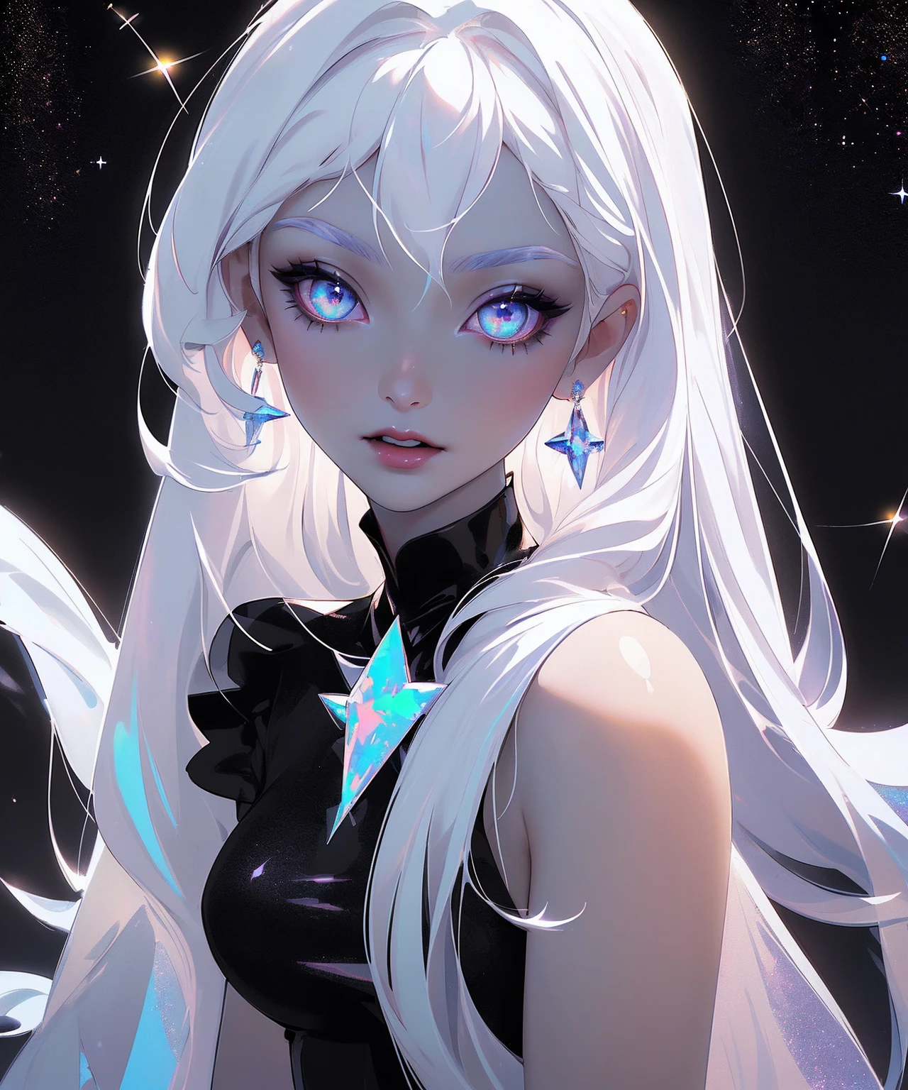 masterpiece, highest quality, (perfect face:1.1, (high detail)1.1, sweet Alien vampire , long soft white hair, opal eyes, perfectly drawn face, black dress, stars detailed background, prismatic lighting, glitter, whole body