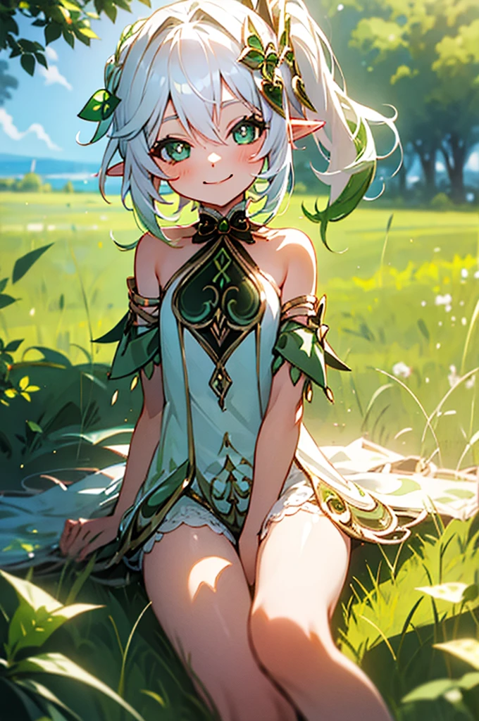 nude, flat chest, sunbathing, 8 , loli, outde, smiling, sunny, bright sunlight, grass, pointy ears, hair ornament, white hair, green hairstreak, side ponytail, masterpiece, best quality