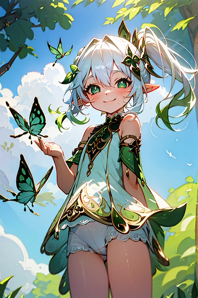 nude, flat chest, sunbathing, upskirt, 8 , loli, outde, smiling, sunny, bright sunlight, grass, pointy ears, hair ornament, white hair, green hairstreak, side ponytail, masterpiece, best quality