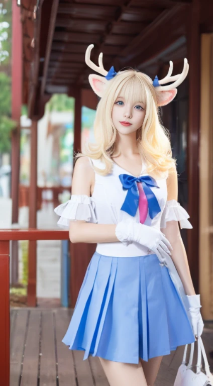 ((VerydetailedCG)),1 Sister,tmasterpiece,Complex C rendering,(highdetailskin:1),,超高分辨率,The eyes are bright,perfect body figure,female bodies,exquisite facial features,mitts, whitz, a skirt, Wigwell, Alone, blond hair blue eyes_the hair,deer antlers
>