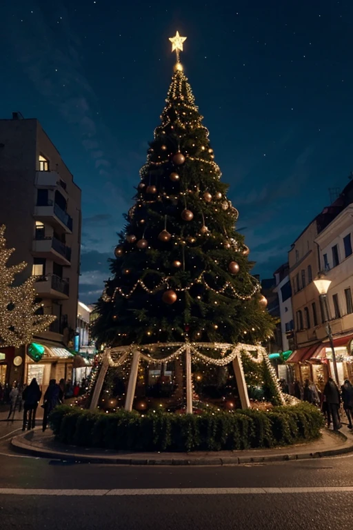 city with christmas decoration, Decorated Christmas Tree, noite, Spoiled sky, pessoas felizes, abstrato