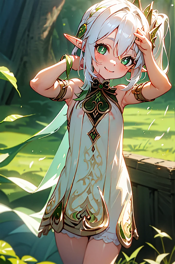 nude, naked, loli, flat chest, 10 years old, outside, smiling, happy, elf ears, pointy ears, daylight, green eyes, happy, hair ornament, white hair, side ponytail, hand in hair,nipples