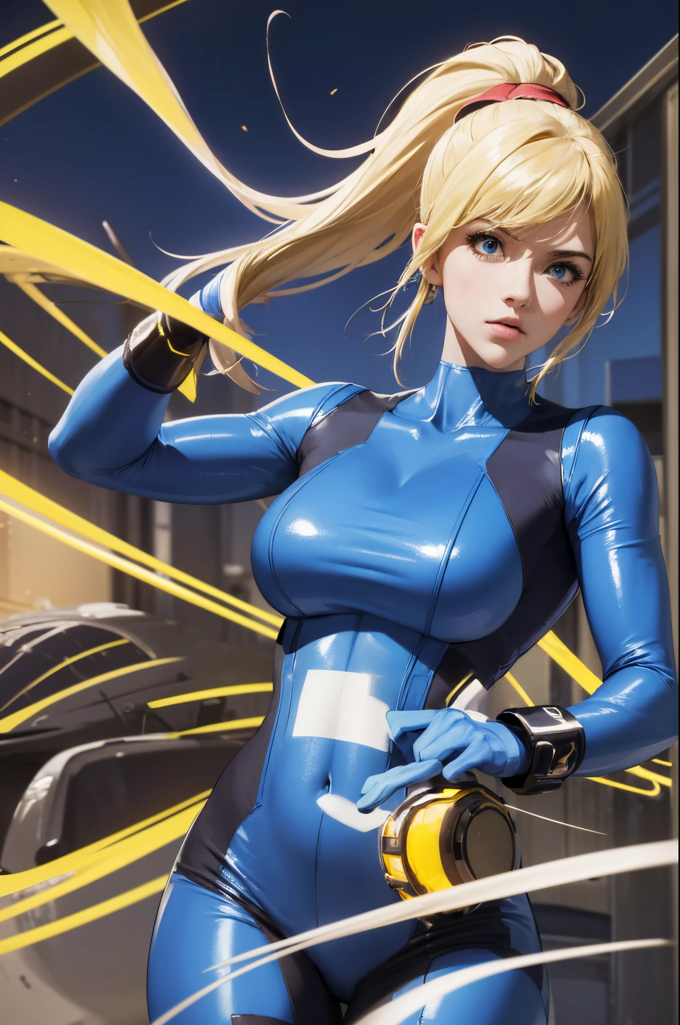 (masterpiece), best quality, expressive eyes, perfect face, highres, (8k), (perfect face), (ultra details), 1 girl, solo, samus aran, ponytail, hair tie, blue gloves, blue bodysuit, body-tight suit, touching her boobs, spacecraft background, standing, upper body,  portrait, looking at the viewer,