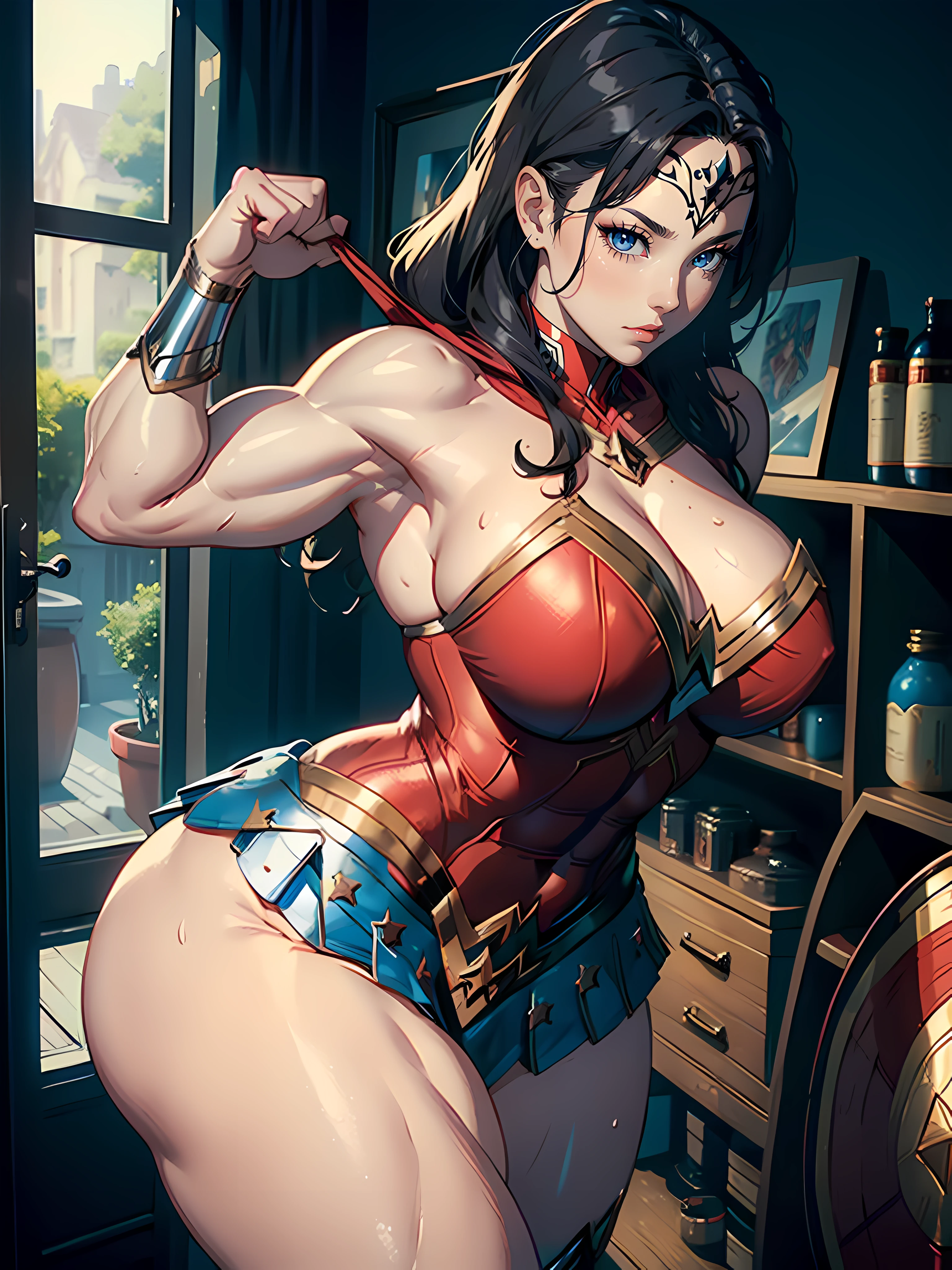 Wonder Woman, ((((very muscular)))), curvy, (((large breasts))), thick thighs, long legs, feet in frame, red leotard, blue skirt, silver cuffs, large breasts, arched back, large booty, sweaty,