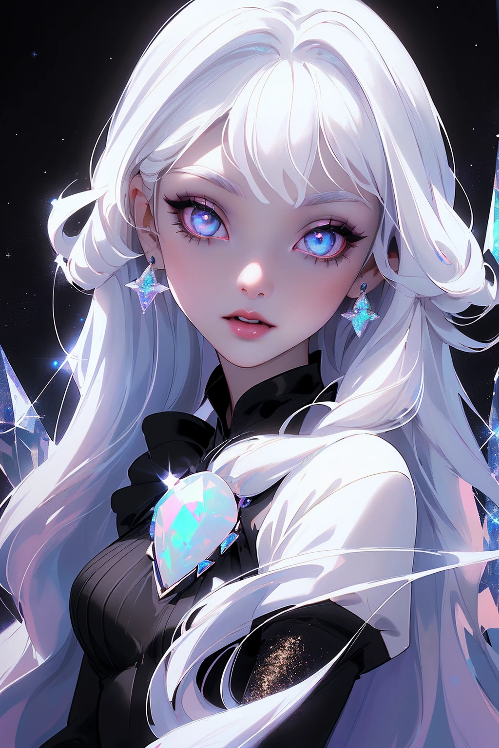 masterpiece, highest quality, (perfect face:1.1, (high detail)1.1, sweet Alien vampire , long soft white hair, opal eyes, perfectly drawn face, black dress, stars detailed background, prismatic lighting, glitter, whole body
