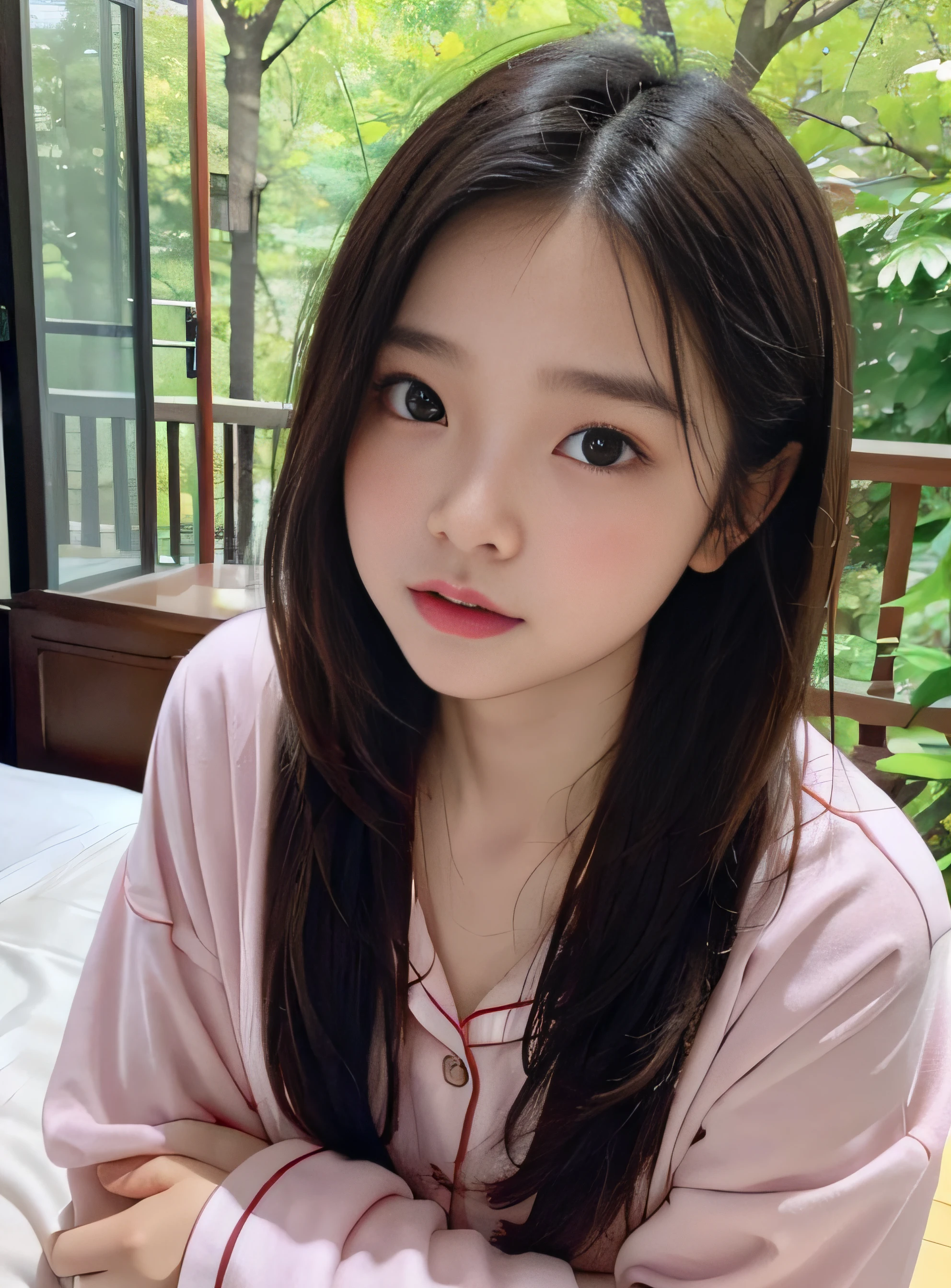 a baby face、Lori、15yo student、childish、Huge breasts、s Pajamas、legs are long、The constriction is amazing、FULL BODYSHOT、stroll、naturey、the woods、Colored leaves、Elegance、seduce sexy、Seductive face、Close up looking at camera