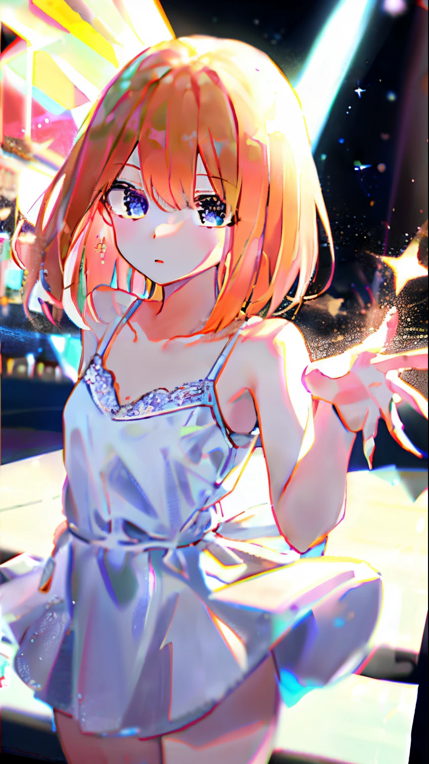 masterpiece, best quality, illustration, sax blue, platinum, white dress, 1girl, cute, (dynamic lighting:1.2), cinematic lighting, delicate facial features, detailed eyes, sharp pupils, realistic pupils, depth of field, bokeh, sharp focus, (hyper-detailed, bloom, glow:1.4), many small gems, crystal, yotsuba nakano, pretty teenage girl with orange shoulder length hair, aayotsuba, Nakano Yotsuba from The Quintessential Quintuplets, Yotsuba Nakano, masterpiece, 4k, ultradetailed, cowboy shot, nakano yotsuba, shoulder length straight orange hair, sparkling blue eyes