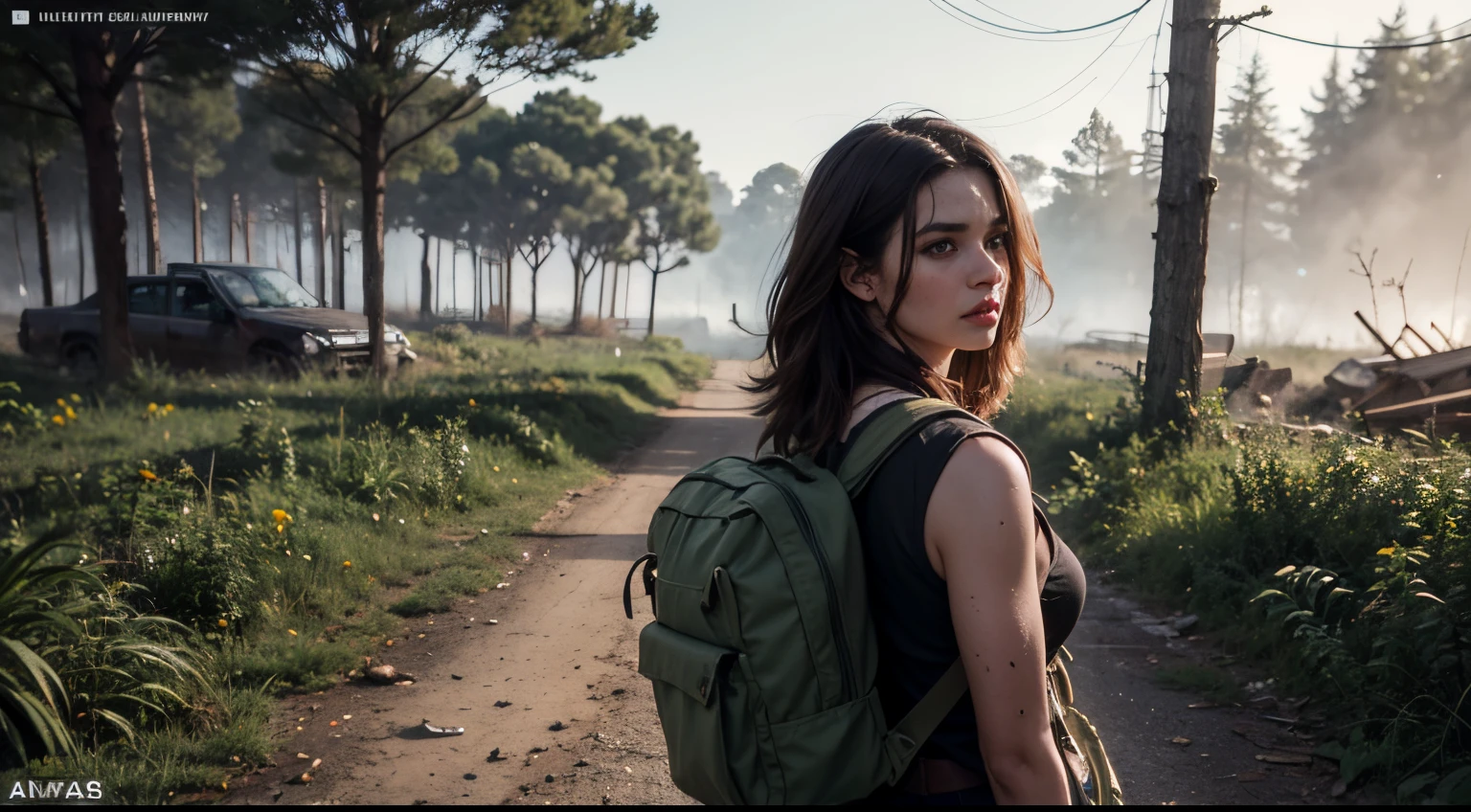 Mulher 25 anos, cabelo castanho longo amarrado, olhos azuis, com mochila grande cor verde, moletom cor marrom, Forest destroyed, Hyper realistic cinematic lighting super details skin texture , survival, destruction, 8k, Ultra HD | | | | |, (Post-apoc, Post-apoc_character)