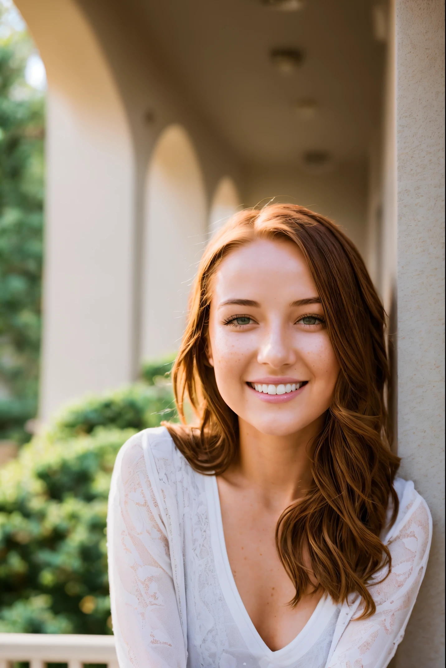 Photo for Instagram blog post with perfect young woman with smile playfully, face to camera. slim, red hair, pale, freckles, Balcony. Summer. morning, 8K. RAW image. Captured with a Canon EOS 5D Mark IV. High quality. High resolution image. Hyper realistic. HQ. Sharp details. Beautiful. Cinematic lighting. Award - winning photography. Clean sharp focus. Significant textures. Dynamic pose. Adorable cinematic. Crystal clear feel. Fine details. Capturing exquisite detail in 8K. Magazine photography. Advertising photography. High Quality. HD. Perfect shading.