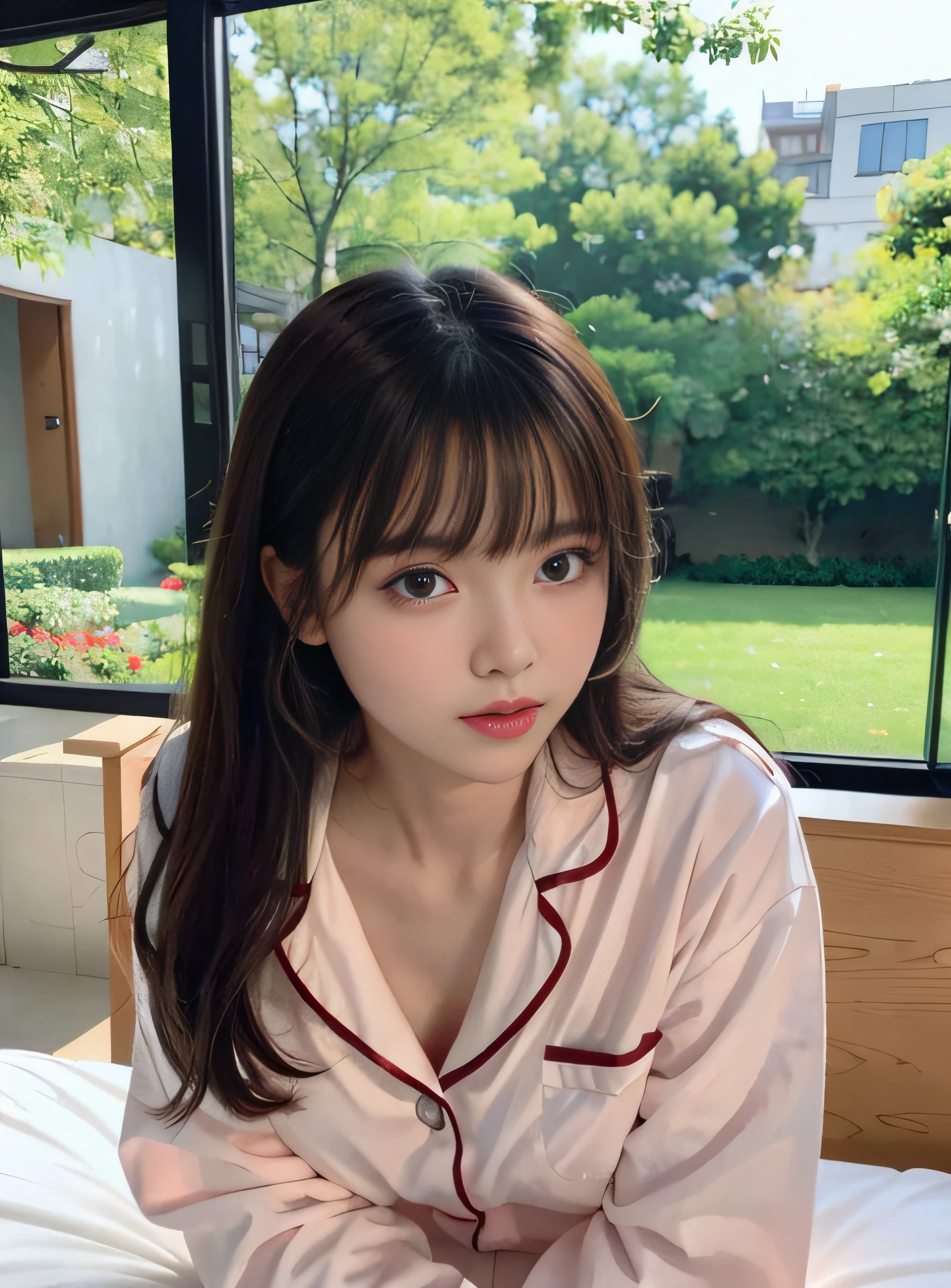 a baby face、Lori、15yo student、childish、Huge breasts、s Pajamas、legs are long、The constriction is amazing、FULL BODYSHOT、stroll、naturey、Colored leaves、Elegance、seduce sexy、Seductive face、Close up looking at camera
