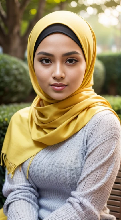 RAW, Best quality, high resolution, masterpiece: 1.3), beautiful Malay woman in hijab,Masterpiece, perfect slim fit body, (Huge breastig gorgeous eyes, Soft smile,woman in a yellow scarf sitting in a cyty garden, lovely woman, hijab, malay, Beutifull girl, with lovely look, casual pose, beautiful lady, shawl, beautiful woman, with accurate, scarf,Delicate turtleneck, necklace, shairband, afternoon walk, City garden, Excellent lighting, Bright colors, Clean lines