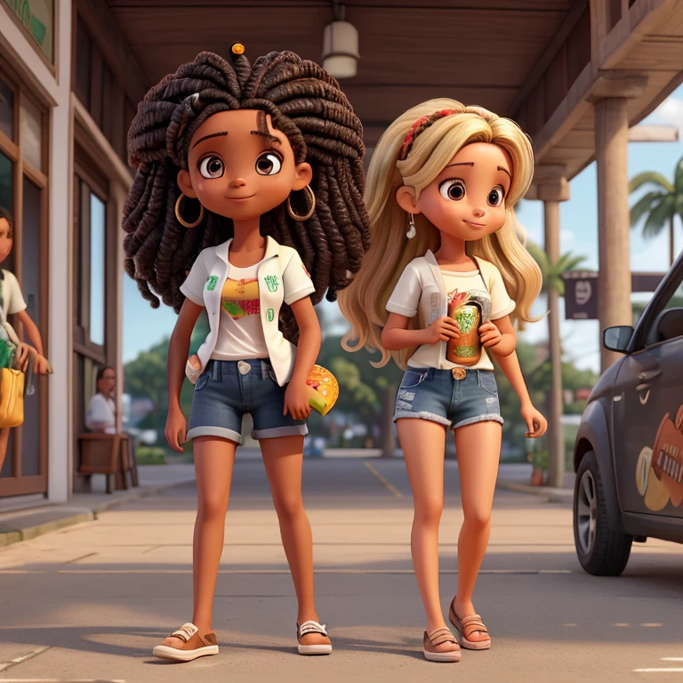 Uma garota branca, cabelos longos, marrom na raiz e loiro nas pontas, she is holding a hamburger in one hand and a bottle of guarana in the other, the clothes she is wearing are denim shorts and a black blouse, His eyes are dark brown, she is in a mall.