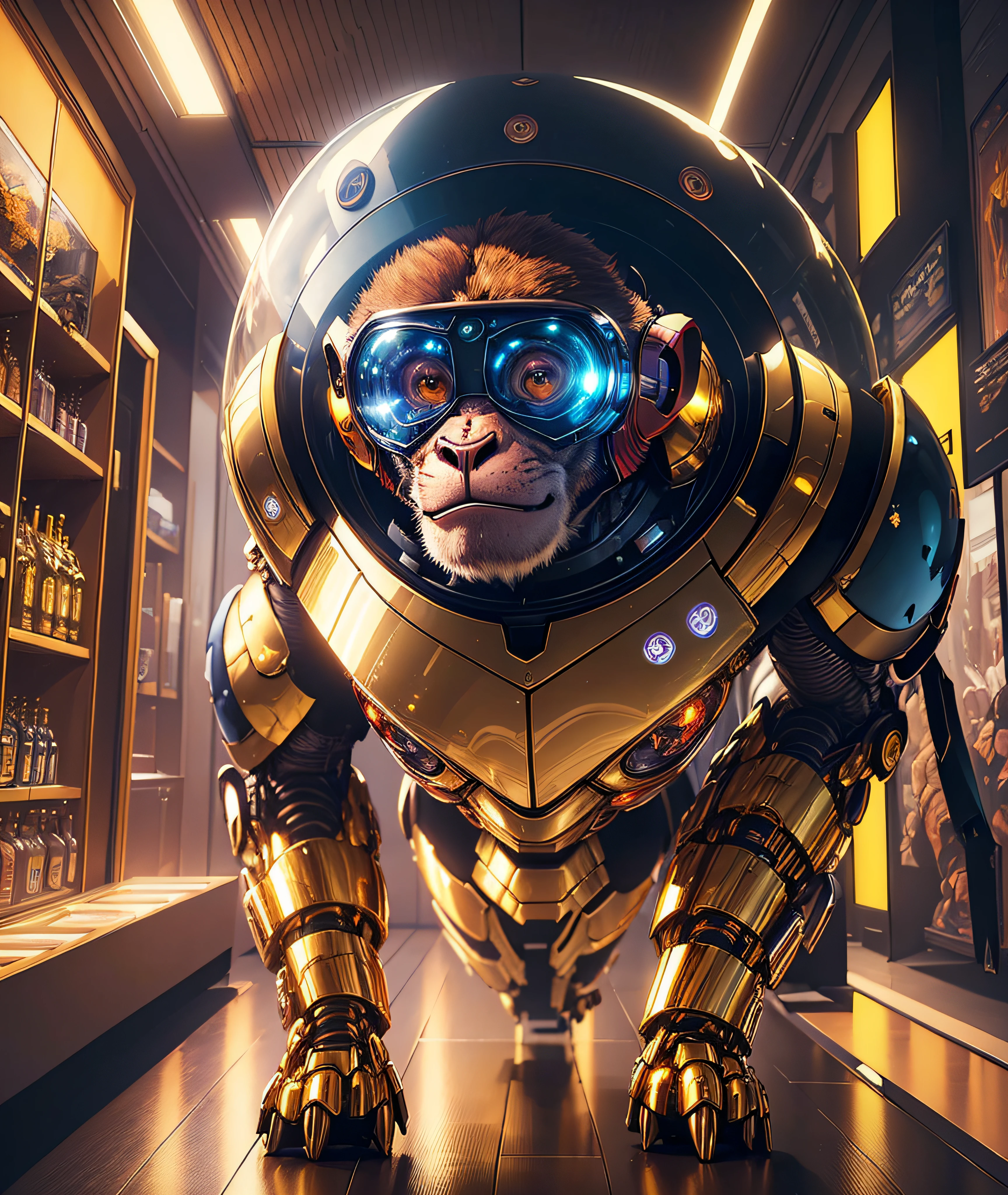 (masterpiece, best quality:1.33), A realistic and immersive digital illustration of an artificial intelligence monkey/robot made of glass/gold, having its own unique adventures. The monkey-robot is autonomous, curious and creative, In the illustration, we see the monkey-robot as it explores and navigates planet Earths city of San Francisco. It encounters and investigates various elements  best quality 8k art by Ray Shark
