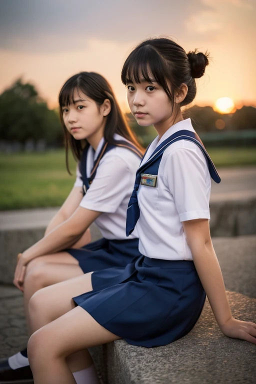 Ruins、((Two beautiful girls))、Same school uniform、Same sailor suit、18year old、Wistful expression、Long skirt below knee length、Bun hair、(early evening)、(Sunset)、frontage、