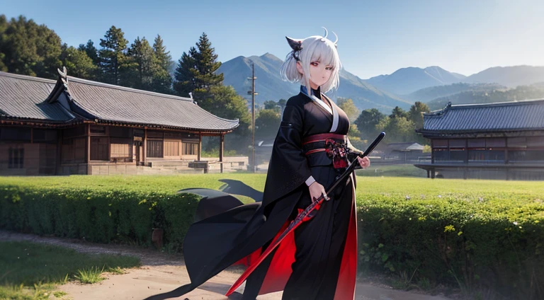 (a girl named Elara wearing a black kimono with white hair) she managed to defeat the devil she was standing holding a red sword in the countryside