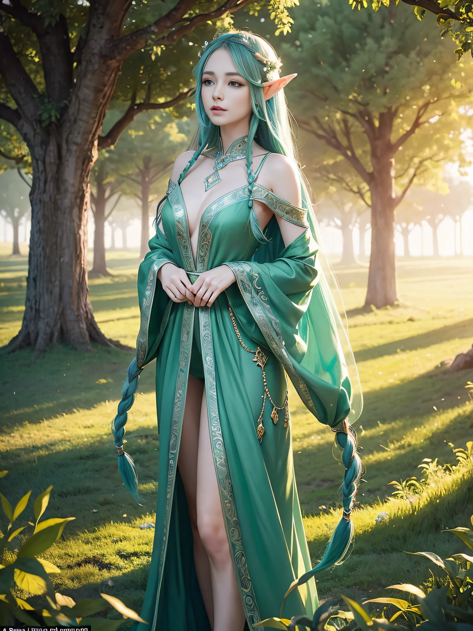 Graceful elven girl standing in meadow, Delicate face illuminated by the soft light of the setting sun. Her long, Flowing hair runs down your back, Decorated with intricate braids、Adorned with sparkling gemstones. This great photo 、、、It captures the ethereal beauty of elves. Slender figure in silk dress、Swaying in the soft steppe breeze. Attention to detail、Face that ace that ace that ace that 、It evident in the intricate patterns of the dress and the subtle highlights of the luminescence. skin. The breathtaking portrayal of the elven girl 、、、、、Create an enchanting atmosphere、It invites the viewer to a magical world. emerald green hair color and eye,