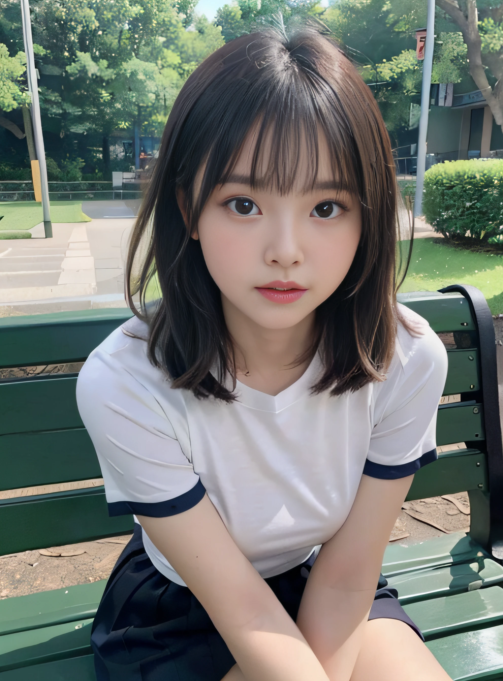 a baby face、Lori、15yo student、childish、Huge breasts、Tight T-shirt、legs are long、The constriction is amazing、FULL BODYSHOT、a park、Benches、stroll、naturey、the woods、Elegance、seduce sexy、Seductive face、Close up looking at camera