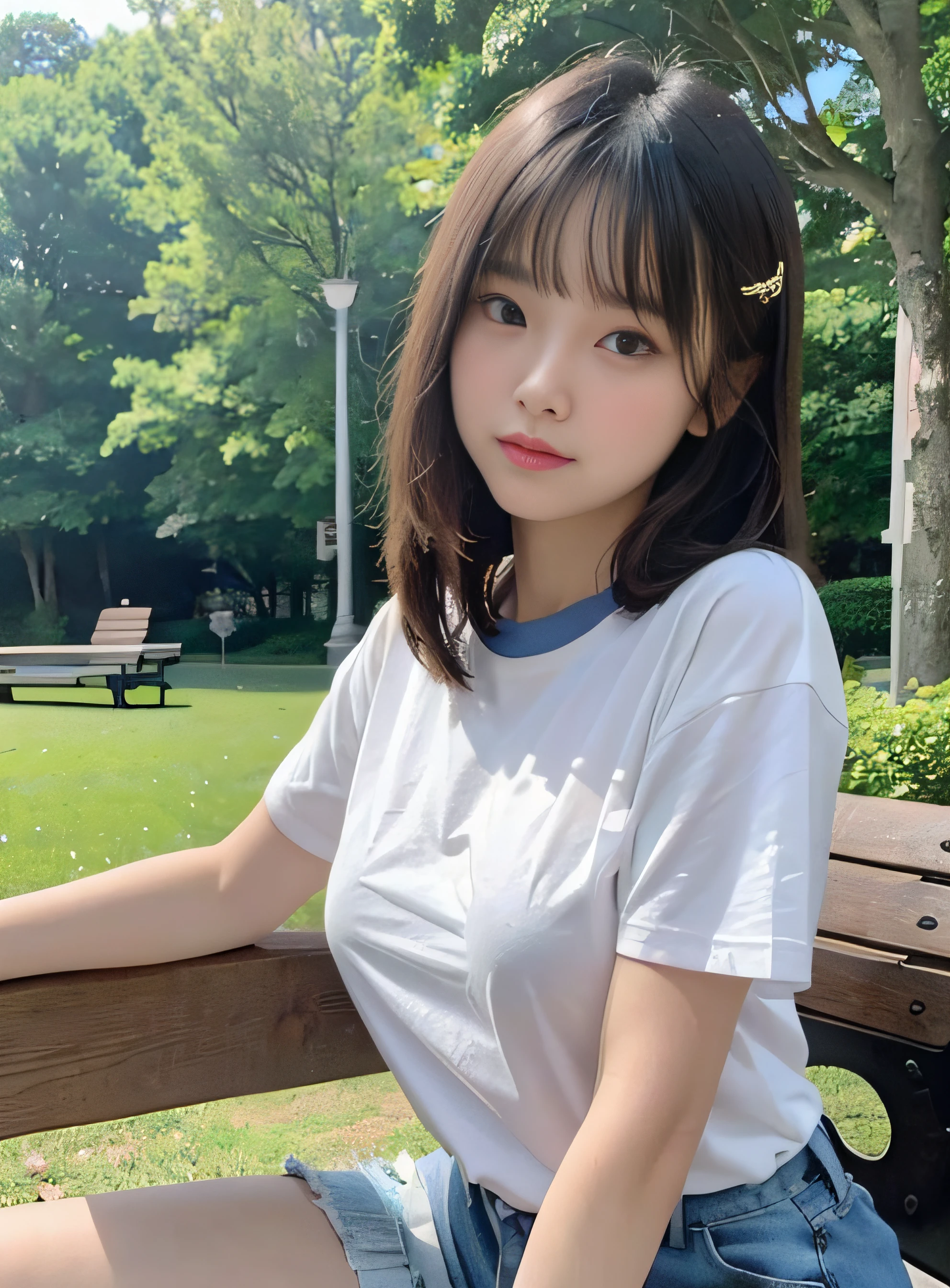 a baby face、Lori、15yo student、childish、Huge breasts、Tight T-shirt、legs are long、The constriction is amazing、FULL BODYSHOT、a park、Benches、stroll、naturey、the woods、Elegance、seduce sexy、Seductive face、Close up looking at camera