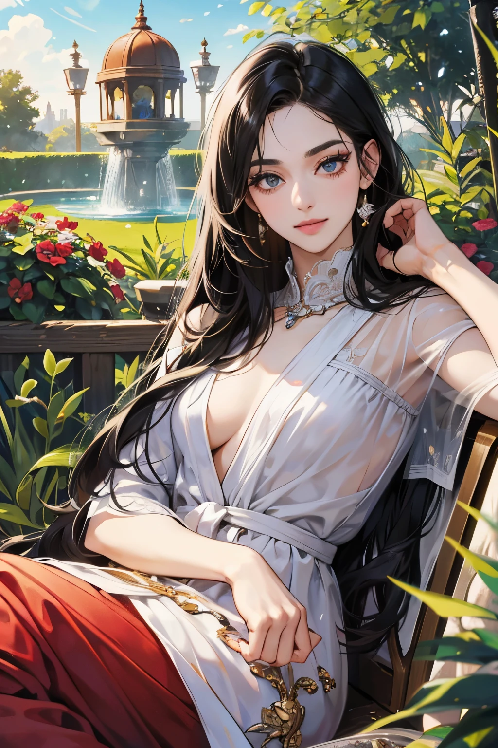 (masutepiece, Digital Art, Digital Illustration, 4K, 8K, Ultra-detailed, beautiful image, Sharp Image, Photorealistic, Raw photo, Perfect face, Perfect lines, Perfect eyes, Soft lighting) ,1 woman, (Long Black Hair,straight haired,Bullish gaze,Beautie,ellegance,Solid makeup,23 y-o woman,small tits:1.3),Two handsome men in suits, (ember,well-muscled,Firm shoulder width, Man's,Boyish hairstyle,English gentlemanly style,Man in his 30s with a cool expression,28-year-old man with bright smile:1.2),Show white teeth and smile(embarrassed from,Shy smile:1.1),A garden full of light、The fountain、Resort Sofa、colorful flower、innocent smiles,Laugh、couple kissing、kiss、the kiss、Romance、