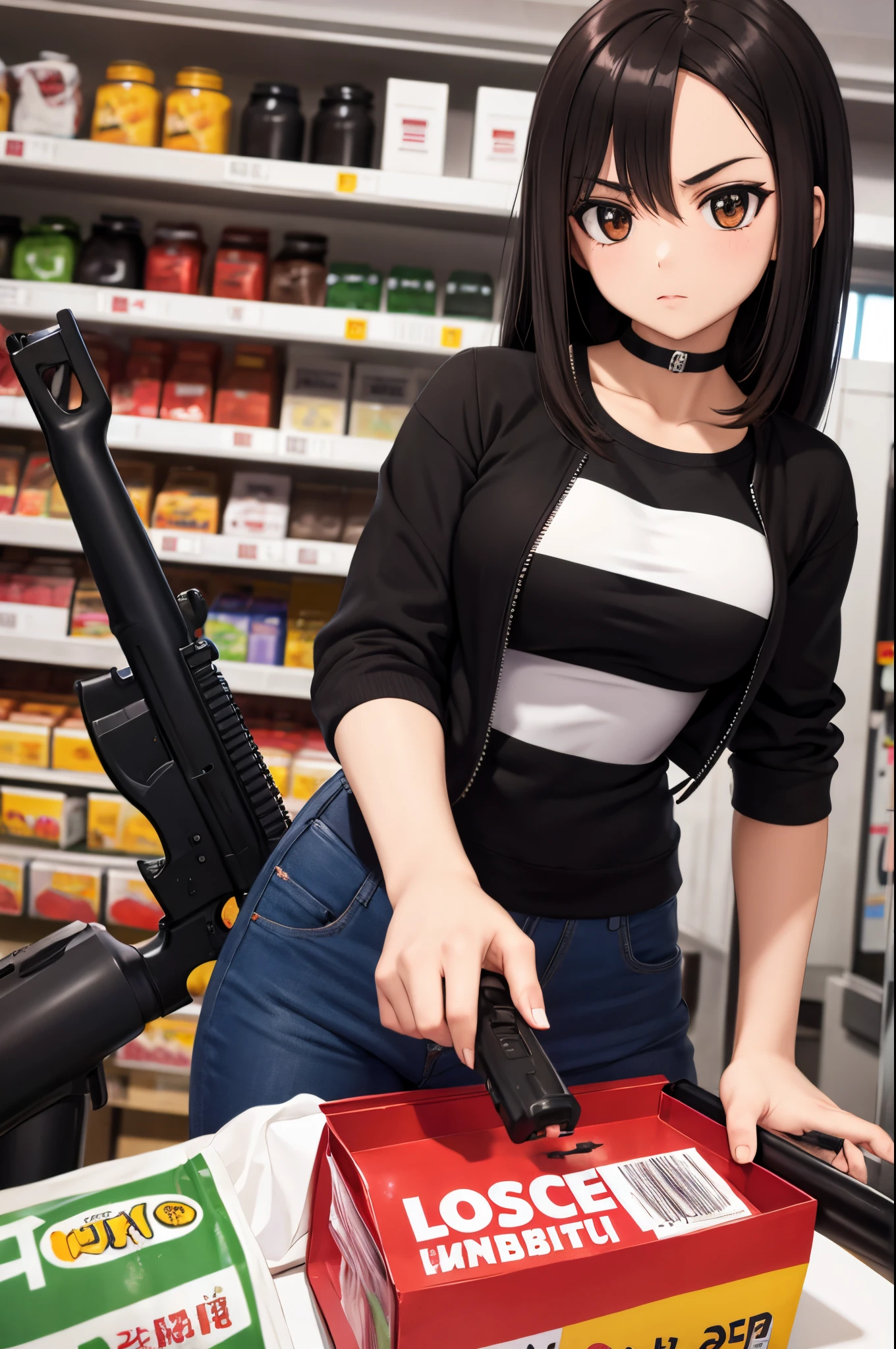 Mujer alta de pelo negro fuerte y marcada, con un rifle, con vestimenta casual en un supermercado lleno de sangre