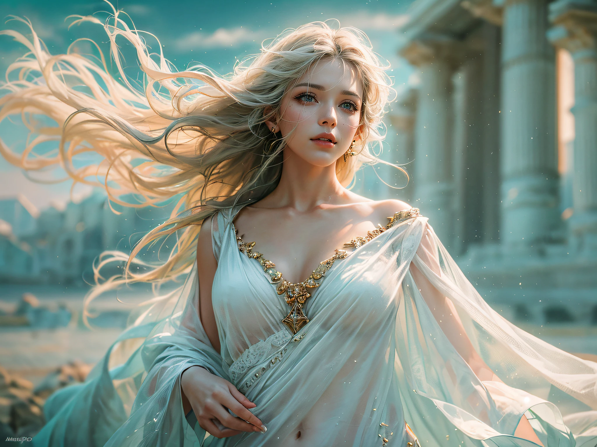 (High quality photo of Venus wearing a transparent white silk toga:1.2),(Trabalho extremamente delicado e bonito:1.2),(She is the embodiment of beauty and charm, Your clothes are as soft and light as air.,)She is a very beautiful and attractive woman, Mulher linda e sofisticada(A fantastic world woven by auroras and particles of light, Wind blowing through, flowing hair, tom azul:1.3),(Surrealismo) (anatomia perfeita:1.1),ancient ruins, temple ruins, Ancient Greece , pele brilhante ,(Rosto ultra-detalhado), Olhos detalhados, Glossy Lips, sorriso sutil, Olhando para o Viewer,clivagem, slender physique, figura bonita, elegante, vivid colors , (best quality, masutepiece, ultra-detalhada, 超A high resolution, fotorrealista, Foto RAW,8k, absurdos, absolutely resolution,:1.4),