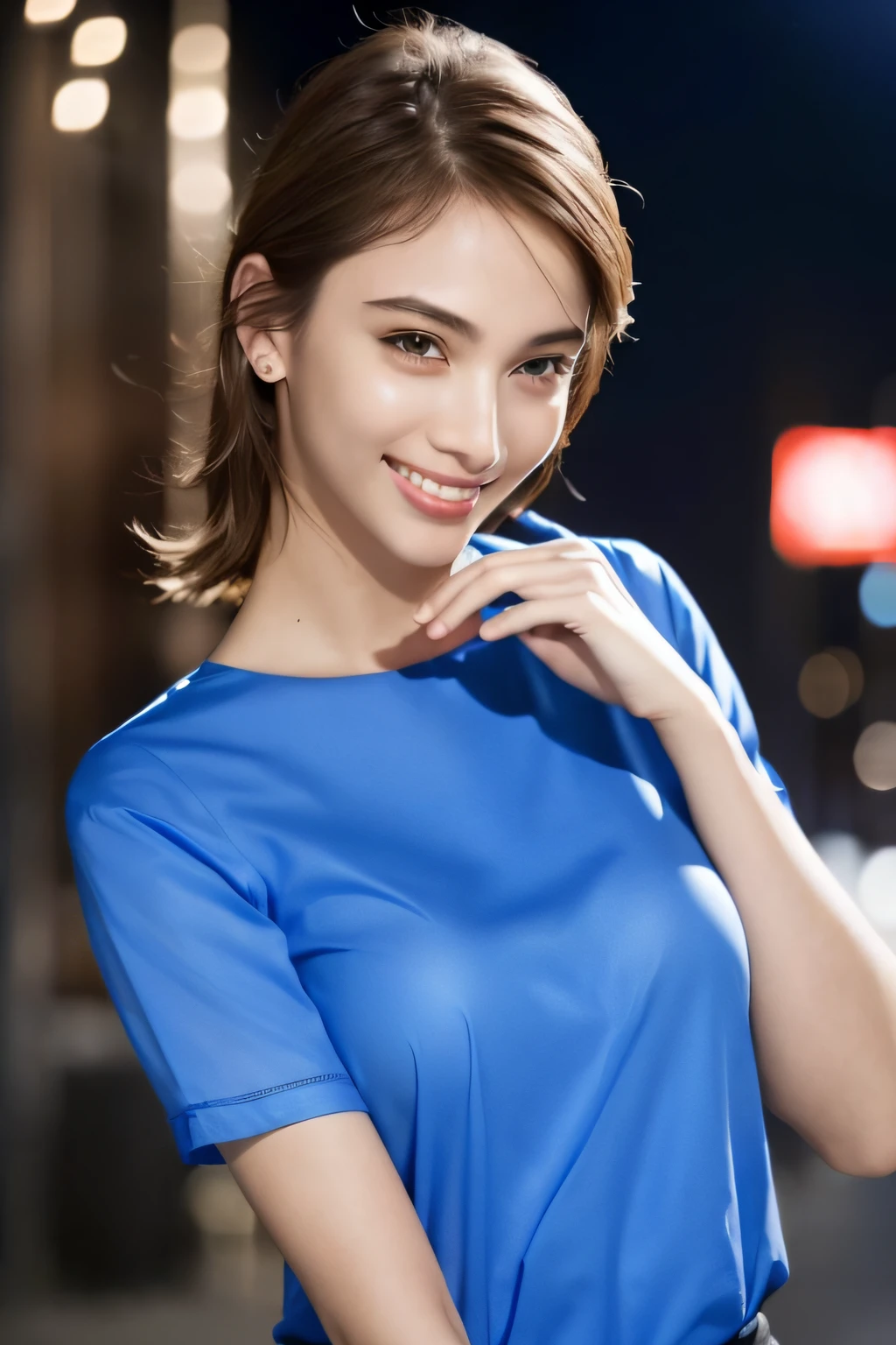 1girl in,(Wearing a blue blouse:1.2),(Raw photo, Best Quality), (Realistic, Photorealsitic:1.4), masutepiece, extremely delicate and beautiful, Extremely detailed, 2k wallpaper, amazing, finely detail, the Extremely Detailed CG Unity 8K Wallpapers, Ultra-detailed, hight resolution, Soft light, Beautiful detailed girl, extremely detailed eye and face, beautiful detailed nose, Beautiful detailed eyes,Cinematic lighting,city light at night,Perfect Anatomy,Slender body,Smiling