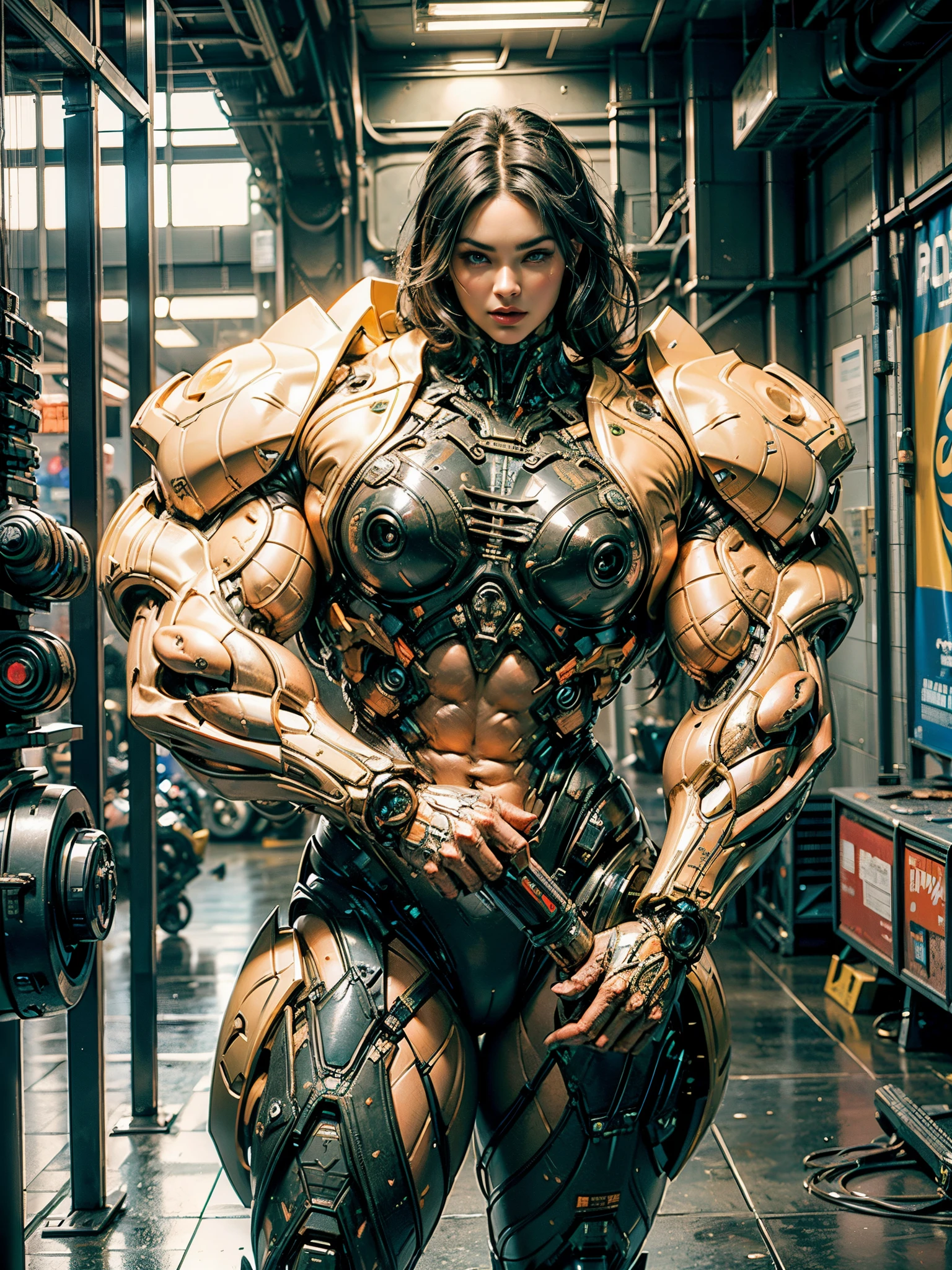 Cinematic, hyper-detailed, and insanely detailed, this artwork captures the essence of megan fox with breathtaking beauty. The color grading is beautifully done, enhancing the overall cinematic feel. Unreal Engine brings her anatomic cybernetic muscle suit to life, appearing even more mesmerizing. With the use of depth of field (DOF), every detail is focused and accentuated, drawing attention to her eyes and the intricate design of the anatomic cybernetic muscle suit . The image resolution is at its peak, utilizing super-resolution technology to ensure every pixel is perfect. Cinematic lighting enhances her aura, while anti-aliasing techniques like FXAA and TXAA keep the edges smooth and clean. Adding realism to the anatomic cybernetic muscle suit, RTX technology enables ray tracing. Additionally, SSAO (Screen Space Ambient Occlusion) gives depth and realism to the scene, the girl's anatomic cybernetic muscle suit become even more convincing. In the post-processing and post-production stages, tone mapping enhances the colors, creating a captivating visual experience. The integration of CGI (Computer-Generated Imagery) and VFX (Visual Effect brings out the anatomic cybernetic muscle suit's intricate features in a seamless manner. SFX (Sound Effects) complement the visual artistry, immersing the viewer further into this fantastic world. The level of detail is awe-inspiring, with intricate elements meticulously crafted, the artwork hyper maximalist and hyper-realistic. Volumetric effects add depth and dimension, and the photorealism is unparalleled. The image is rendered in 8K resolution, ensuring super-detailed visuals. The volumetric lightning adds a touch of magic, highlighting her beauty and the aura of her anatomic cybernetic muscle suit in an otherworldly way. High Dynamic Range (HDR) technology makes the colors pop, adding richness to the overall composition. Ultimately, this artwork presents an unreal portrayal of a super muscled cybernetic female android