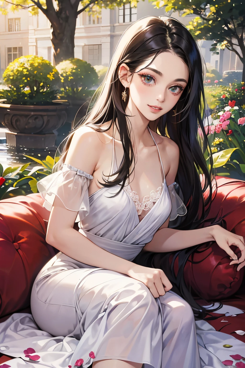 (masutepiece, Digital Art, Digital Illustration, 4K, 8K, Ultra-detailed, beautiful image, Sharp Image, Photorealistic, Raw photo, Perfect face, Perfect lines, Perfect eyes, Soft lighting) ,1 woman, (Long Black Hair,straight haired,Bullish gaze,Beautie,ellegance,Solid makeup,23 y-o woman,small tits:1.3),Two handsome men in suits, (ember,well-muscled,Firm shoulder width, Man's,Boyish hairstyle,English gentlemanly style,Man in his 30s with a cool expression,28-year-old man with bright smile:1.2),Show white teeth and smile(embarrassed from,Shy smile:1.1),A garden full of light、The fountain、Resort Sofa、colorful flower、innocent smiles,Laugh、couple kissing、kiss、the kiss、Romance、