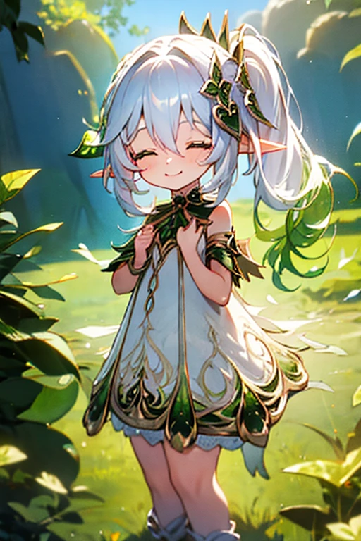 nude, naked, loli, flat chest, outside, smiling, elf ears, pointy ears, daylight, open eyes, happy, hair ornament, white hair, side ponytail