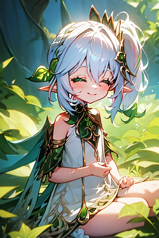 nude, naked, , flat chest, outside, smiling, elf ears, pointy ears, daylight, open eyes, happy, hair ornament, white hair, side ponytail