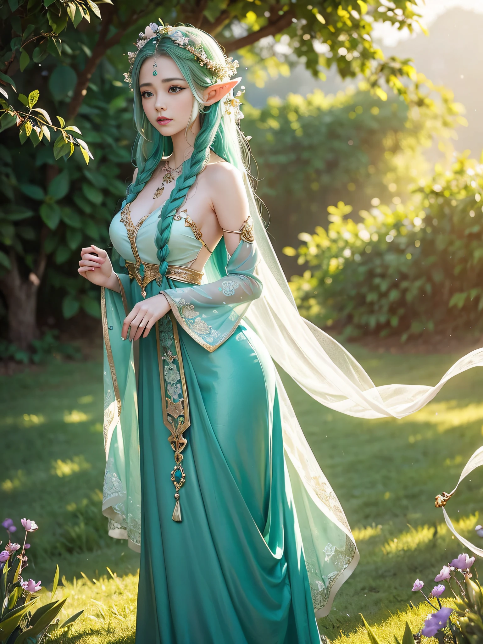 Graceful elven girl standing in meadow, Delicate face illuminated by the soft light of the setting sun. Her long, Flowing hair runs down your back, Decorated with intricate braids、Adorned with sparkling gemstones. This great photo 、、、It captures the ethereal beauty of elves. Slender figure in silk dress、Swaying in the soft steppe breeze. Attention to detail、Face that ace that ace that ace that 、It  evident in the intricate patterns of the dress and the subtle highlights of the luminescence. skin. The breathtaking portrayal of the elven girl 、、、、、Create an enchanting atmosphere、It invites the viewer to a magical world. emerald green hair color and eye,