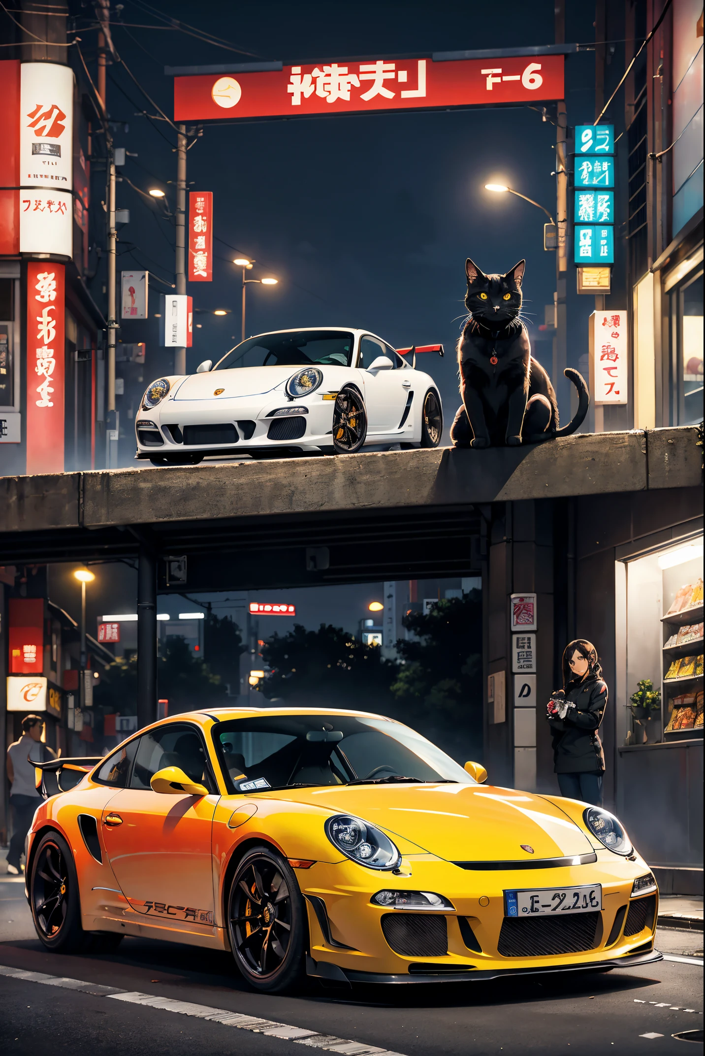 fast and furious with cats, streets of tokyo japan, image of porsche 911 gt3, dark brown tabby cat sitting beside car, highly detailed cat, correct proportions, night time, street lights, convenience store in background behind car