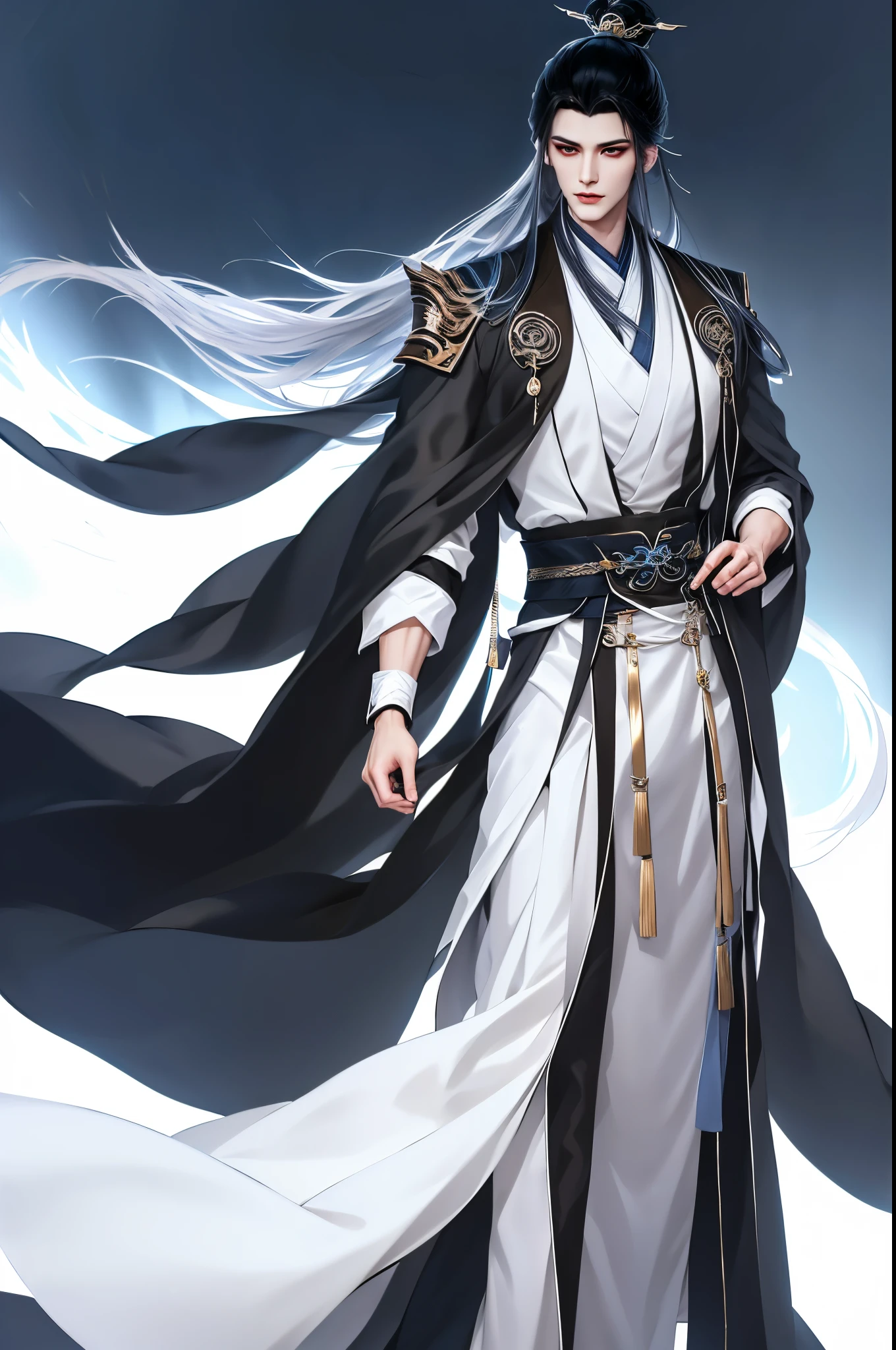 Wallpaper of a man wearing white and blue clothes,sharp look,Eye focus,Overbearing man, heise jinyao, full body xianxia, cotton mist robe, The exquisite prince, Inspired by Bian Shoumin,, Inspired by Huang Shen, Wearing the robes of a Star Mage, skinny male fantasy alchemist, flowing robe,