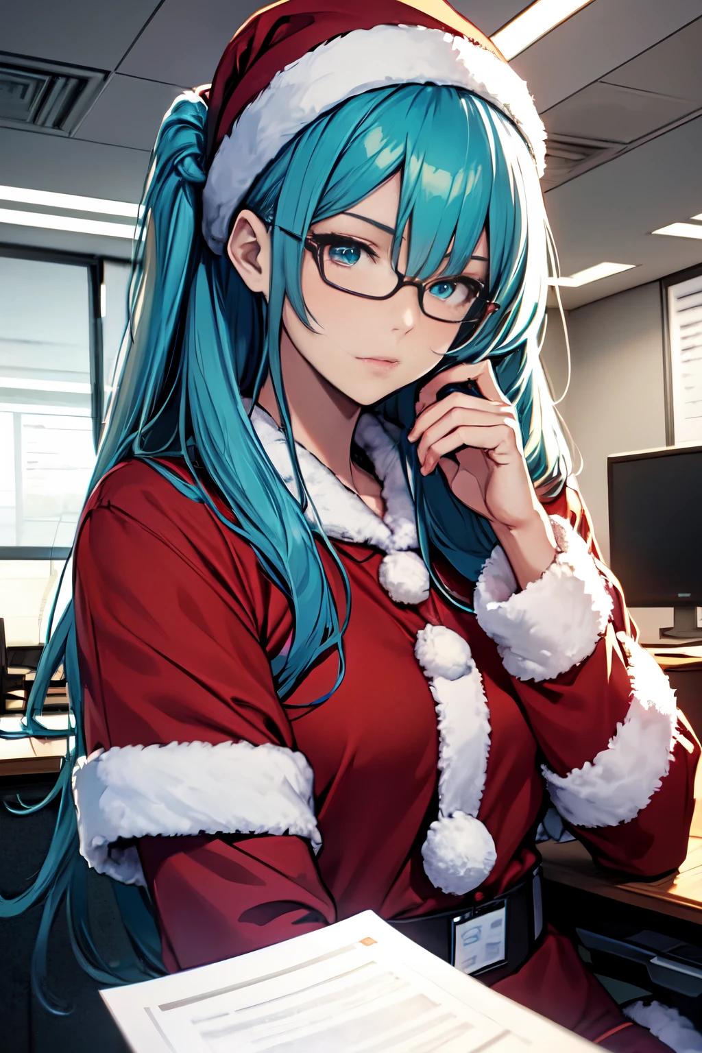 Upper body、santa claus、santa costume、eye glass。top-quality, Photorealistic, An ultra-fine illustrations, beautiful attractive anime girl, miku hatsune, Slender body, Tied hair, one girls, a photo of girl, Full body shot, Beautiful blue eyes, Turned, in a office、Sitting at your desk、Women's Suits、