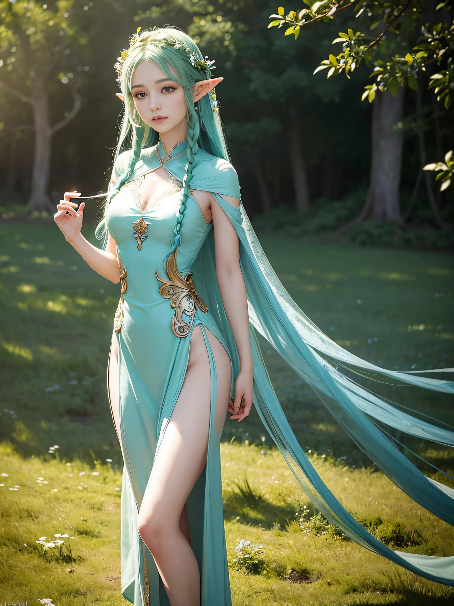 Graceful elven girl standing in meadow, Delicate face illuminated by the soft light of the setting sun. Her long, Flowing hair runs down your back, Decorated with intricate braids、Adorned with sparkling gemstones. This great photo 、、、It captures the ethereal beauty of elves. Slender figure in silk dress、Swaying in the soft steppe breeze. Attention to detail、Face that ace that ace that ace that 、It evident in the intricate patterns of the dress and the subtle highlights of the luminescence. skin. The breathtaking portrayal of the elven girl 、、、、、Create an enchanting atmosphere、It invites the viewer to a magical world. emerald green hair color and eye,