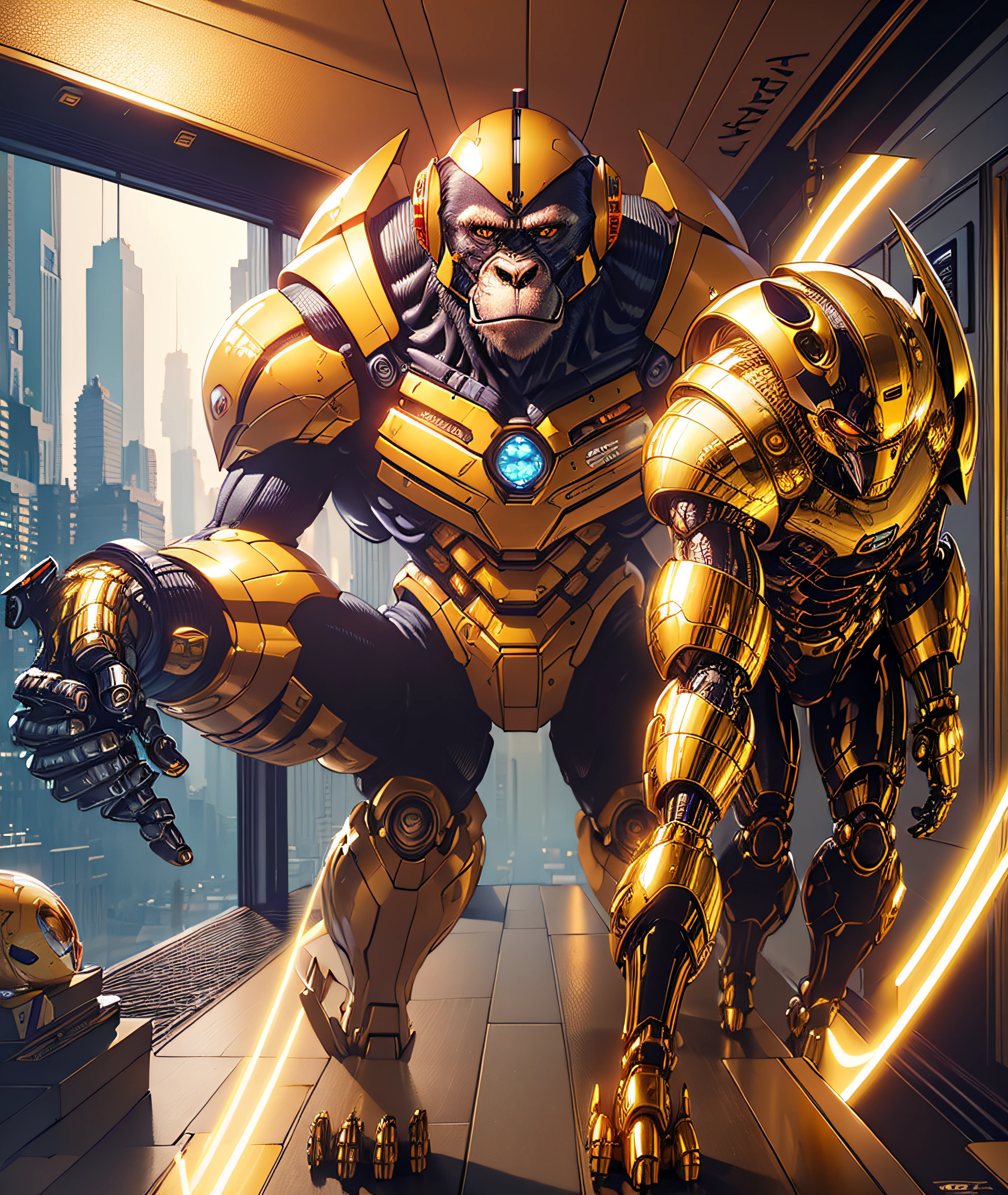 (masterpiece, best quality:1.33), A realistic and immersive digital illustration of an artificial intelligence monkey/robot made of glass/gold, having its own unique adventures. The monkey-robot is autonomous, curious and creative, In the illustration, we see the monkey-robot as it explores and navigates planet Earths city of San Francisco. It encounters and investigates various elements best quality 8k art by Ray Shark