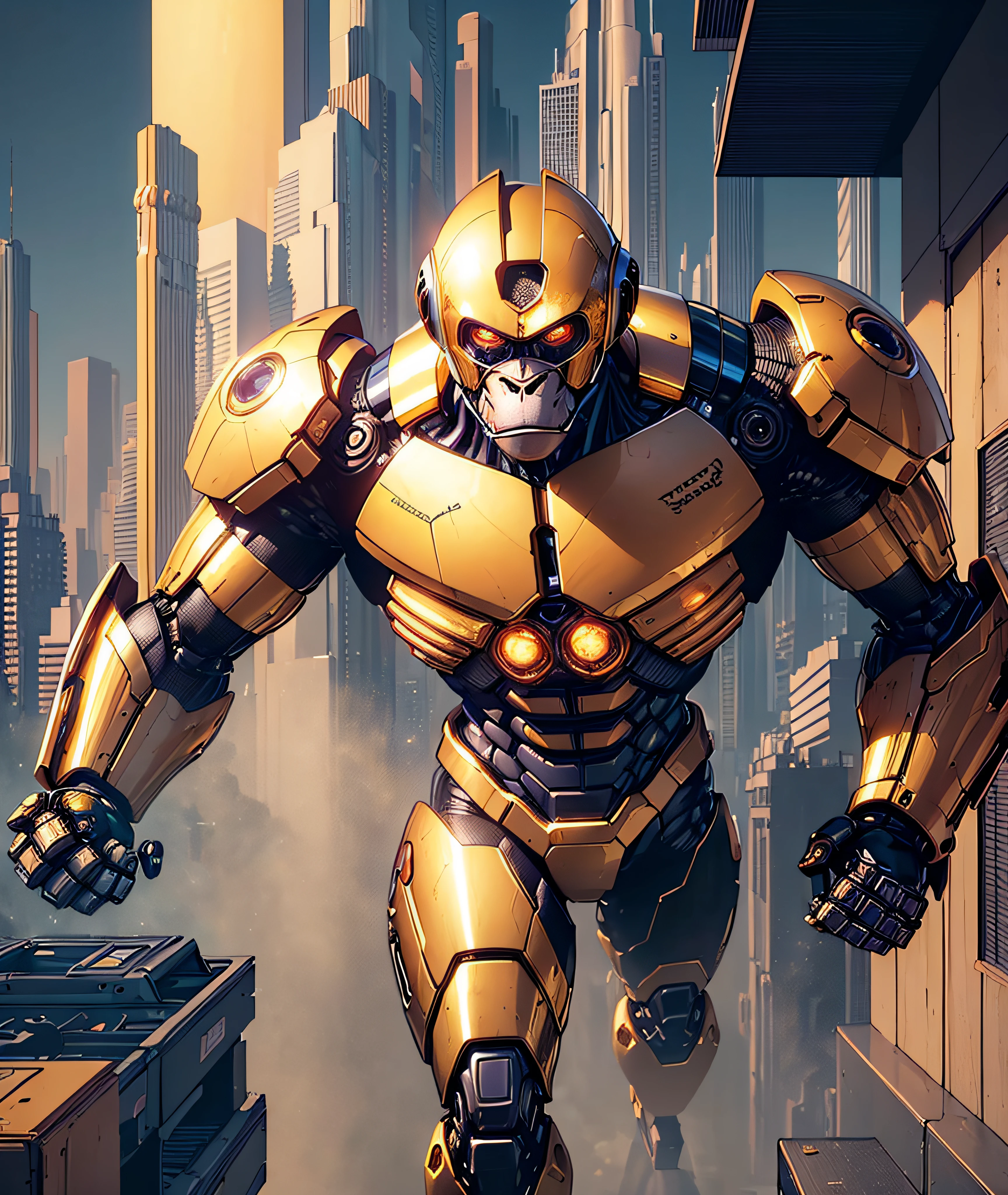 (masterpiece, best quality:1.33), A realistic and immersive digital illustration of an artificial intelligence monkey/robot made of glass/gold, having its own unique adventures. The monkey-robot is autonomous, curious and creative, In the illustration, we see the monkey-robot as it explores and navigates planet Earths city of San Francisco. It encounters and investigates various elements best quality 8k art by Ray Shark
