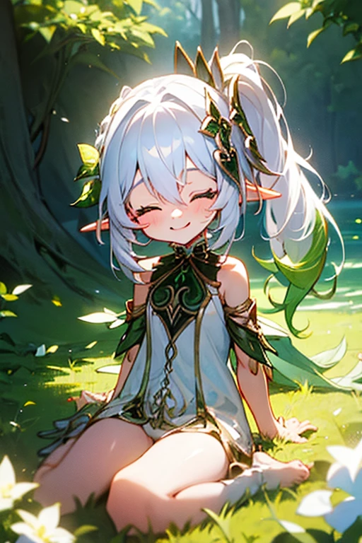 nude, naked, loli, flat chest, outside, smiling, elf ears, pointy ears, daylight, open eyes, happy, hair ornament, white hair, side ponytail