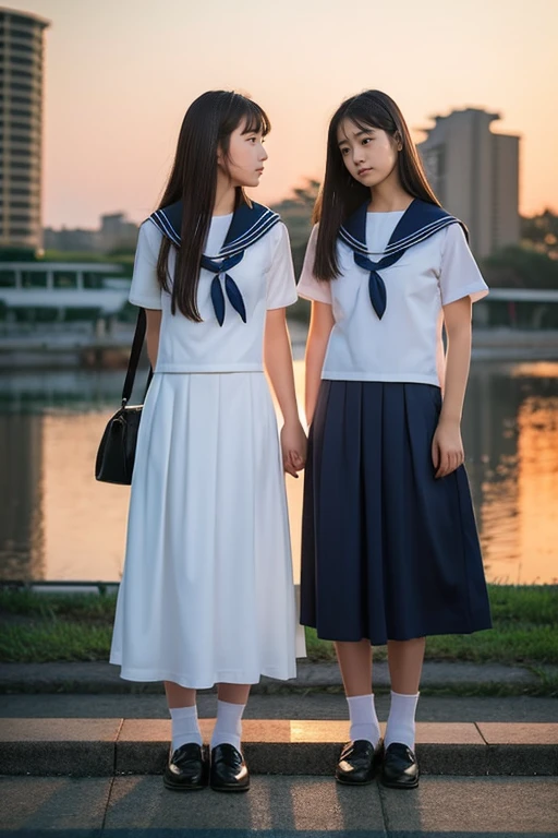 Ruins、((Two beautiful girls))、Same school uniform、Same sailor suit、20yr old、Wistful expression、Long skirt below knee length、Long straight hair、(early evening)、(Sunset)、frontage、