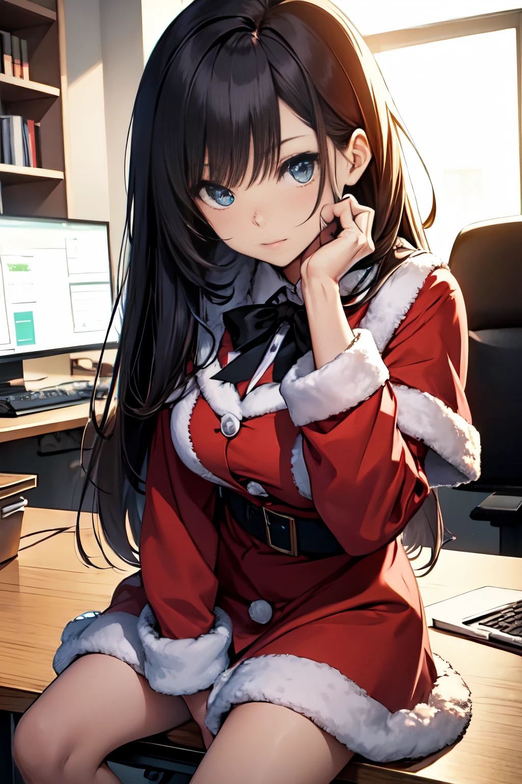 A dark-haired、Upper body、santa claus、santa costume、eye glass。top-quality, Photorealistic, An ultra-fine illustrations, beautiful attractive anime girl, miku hatsune, Slender body, Tied hair, one girls, a photo of girl, Full body shot, Beautiful blue eyes, Turned, in a office、Sitting at your desk、Women's Suits、split、Put your hand in your crotch